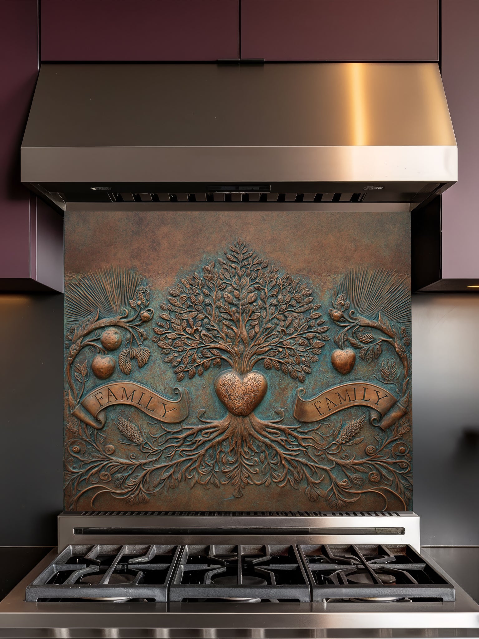 Faux 3D sculpted bronze and copper relief of a family tree of life with a heart and banners reading 'FAMILY' against an oxidized patina background, UV printed on a smooth tempered glass kitchen backsplash.
