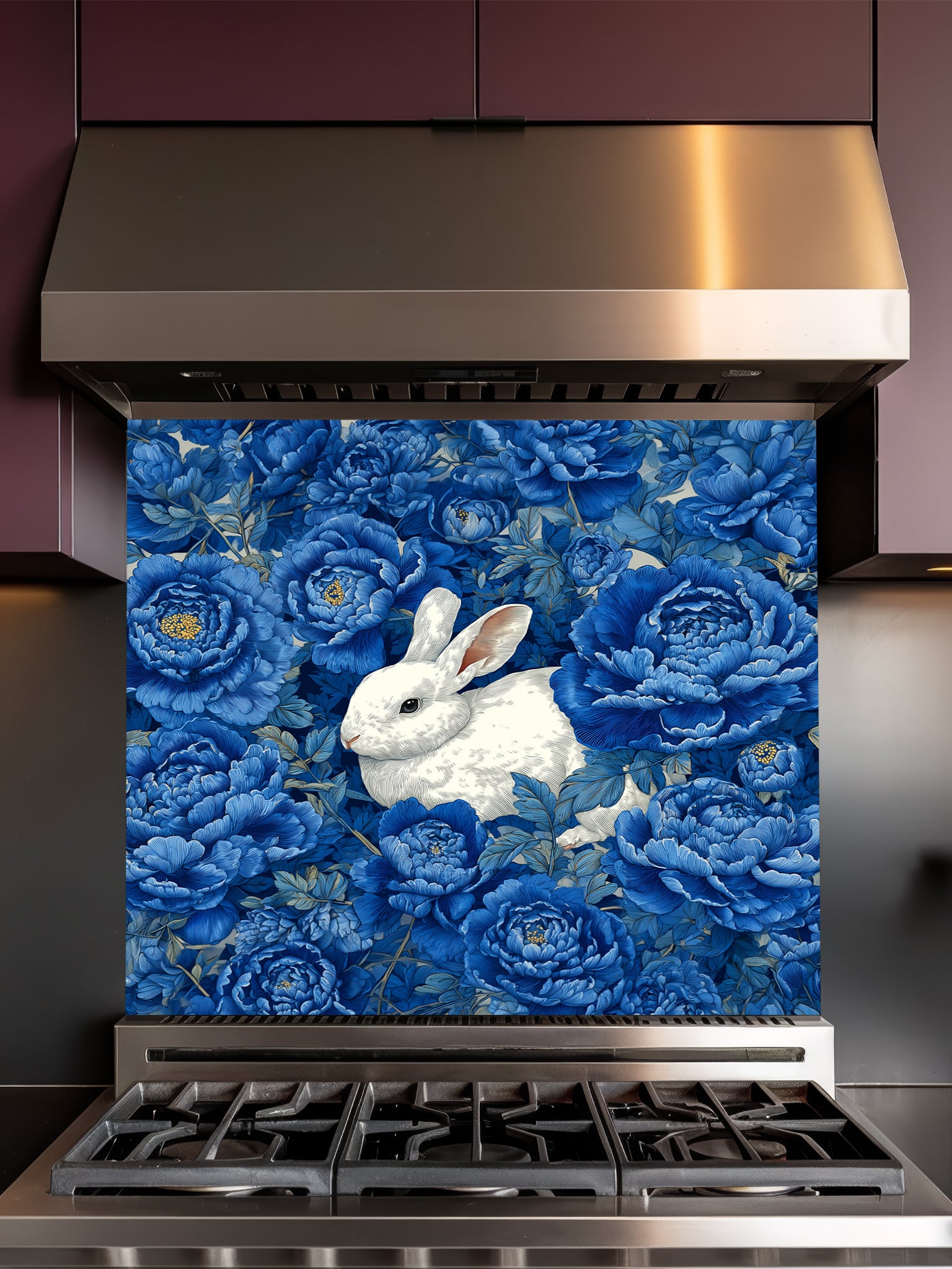 Vintage style illustration of a white rabbit sitting among large deep blue peony flowers, UV printed on a smooth tempered glass kitchen backsplash, installed behind a modern stove.