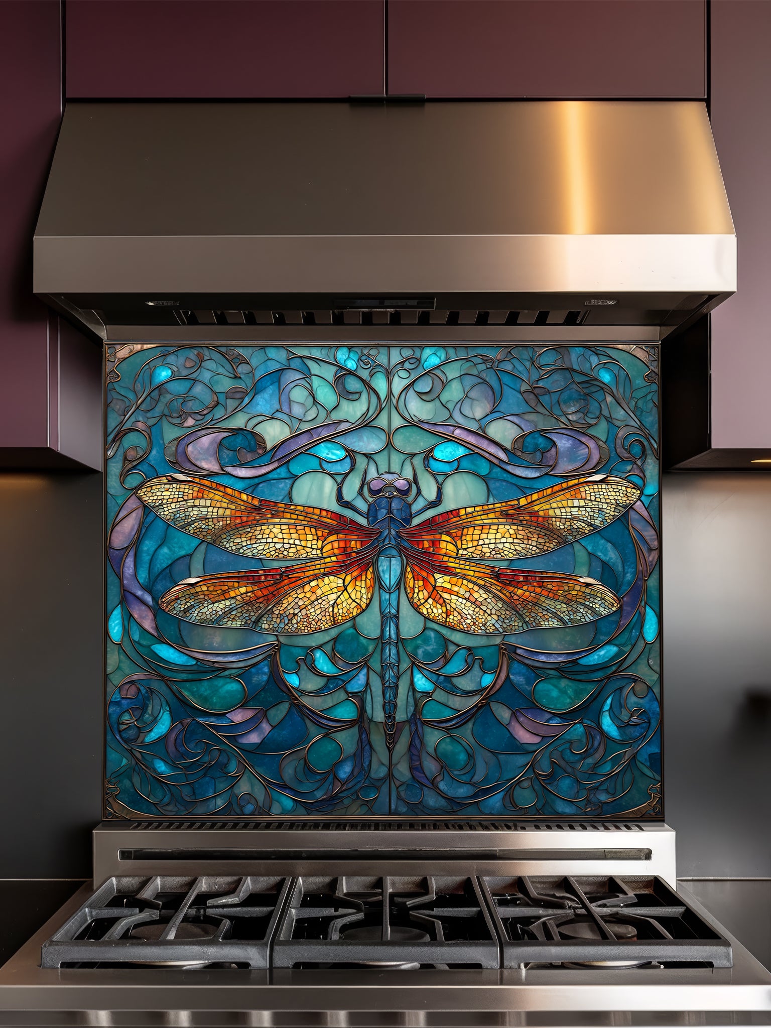 Tempered glass kitchen backsplash featuring a highly realistic 3D illusion of Art Nouveau stained glass showing a magnificent, symmetrical dragonfly with vibrant amber and gold wings set against a swirling teal, blue, and purple patterned background, installed behind a modern black stove.
