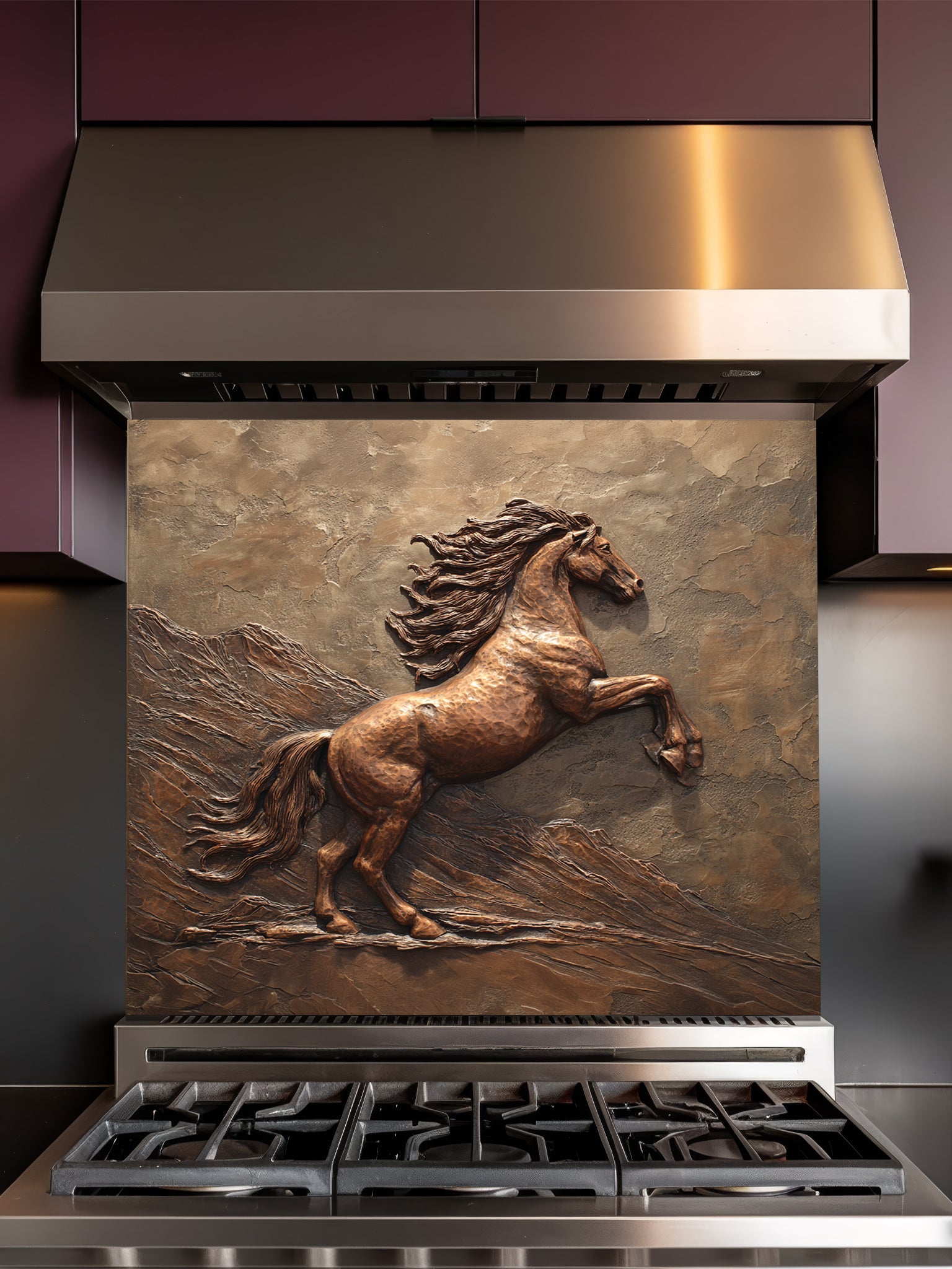 Faux 3D effect bronze carving of a majestic rearing horse, UV printed on a smooth tempered glass kitchen backsplash, installed behind a modern stove.