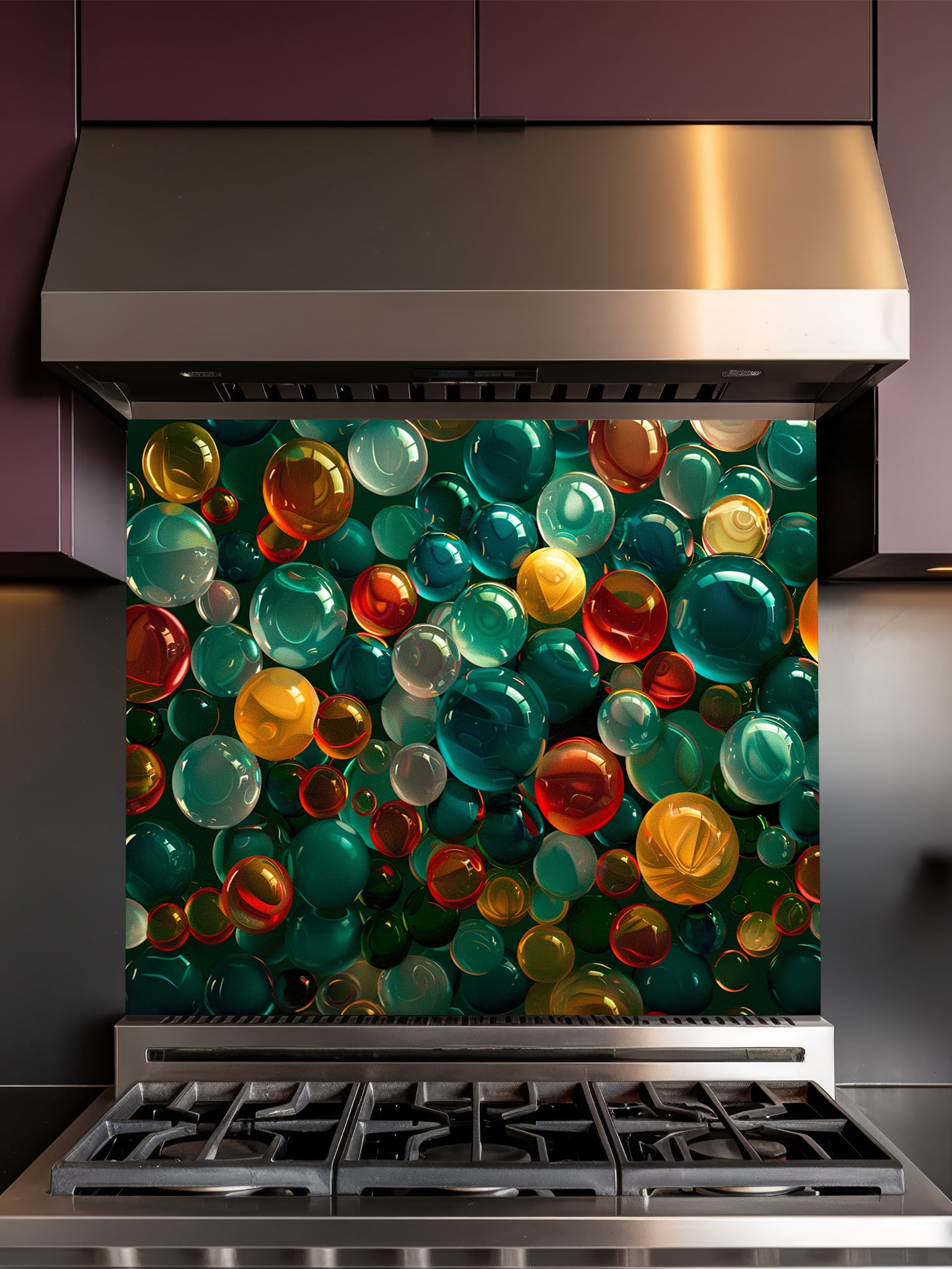 Faux 3D effect colorful translucent glass orbs and bubbles in jewel tones, UV printed on a smooth tempered glass kitchen backsplash, installed behind a modern stove.