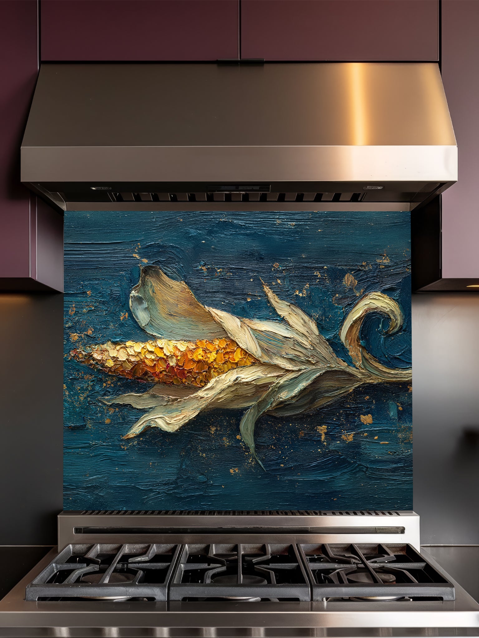 Tempered glass kitchen backsplash featuring a highly realistic 3D illusion of a thick impasto oil painting created with a palette knife, showing a golden ear of corn with flowing husks against a dark teal background with gold splatters, installed behind a modern black stove.