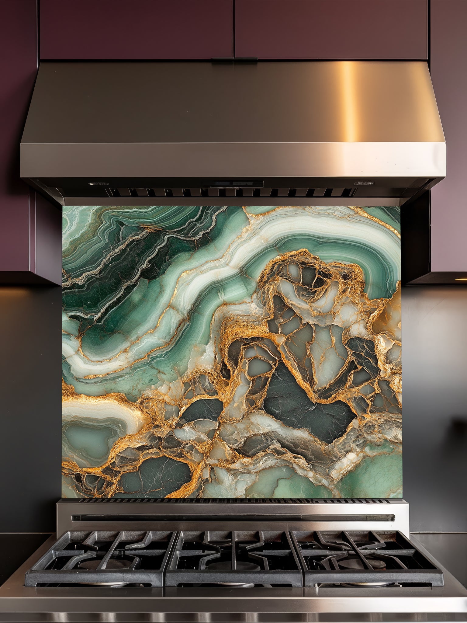 Faux luxury stone slice pattern featuring deep emerald green agate layers and striking gold veins, UV printed on a smooth tempered glass kitchen backsplash.