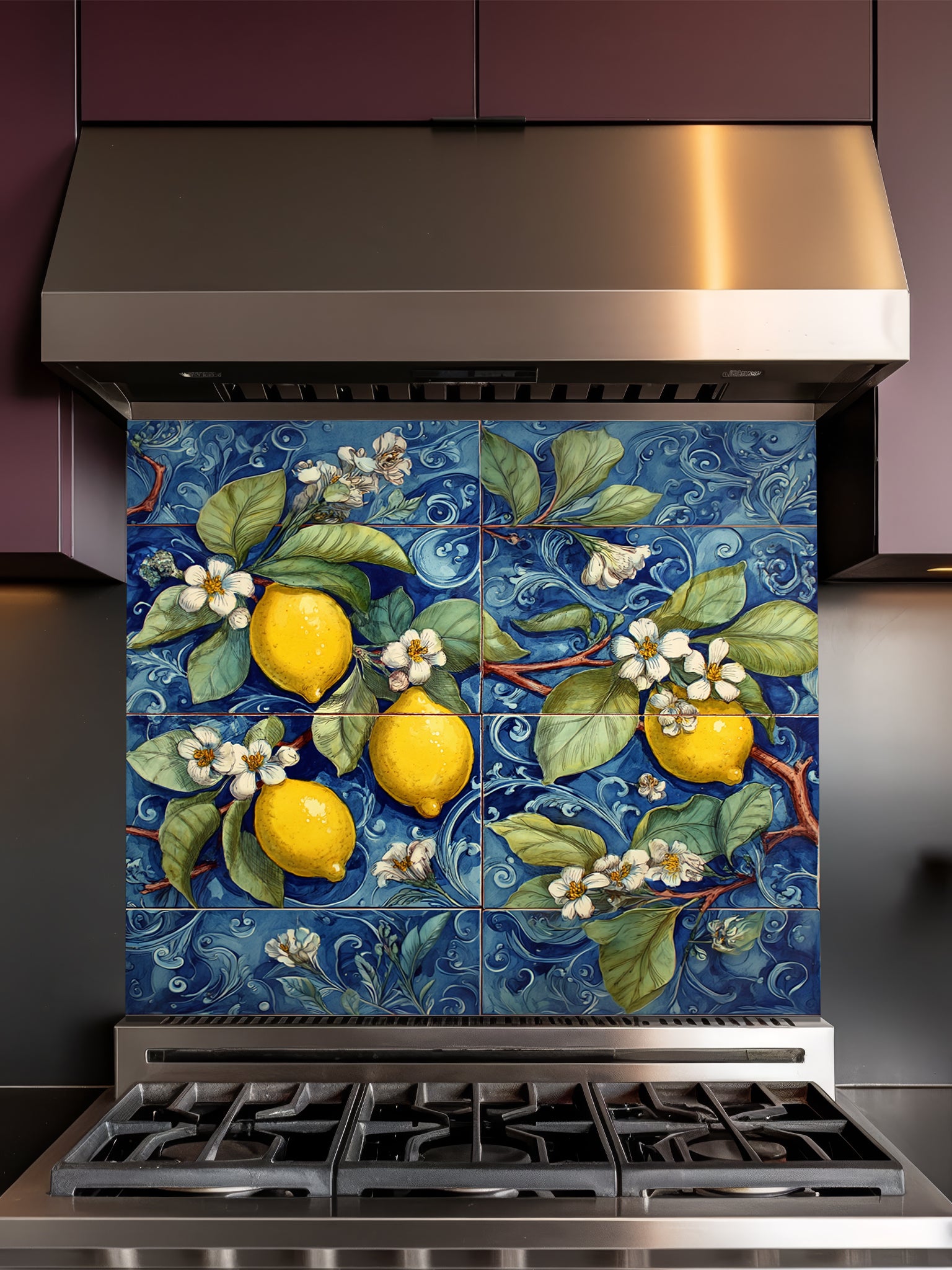 Tempered glass kitchen backsplash featuring a highly realistic illusion of a large four-panel traditional hand-painted Italian Majolica ceramic tile mural, showcasing bright yellow lemons and white blossoms against a deep cobalt blue background with intricate scrollwork, installed behind a modern black stove.