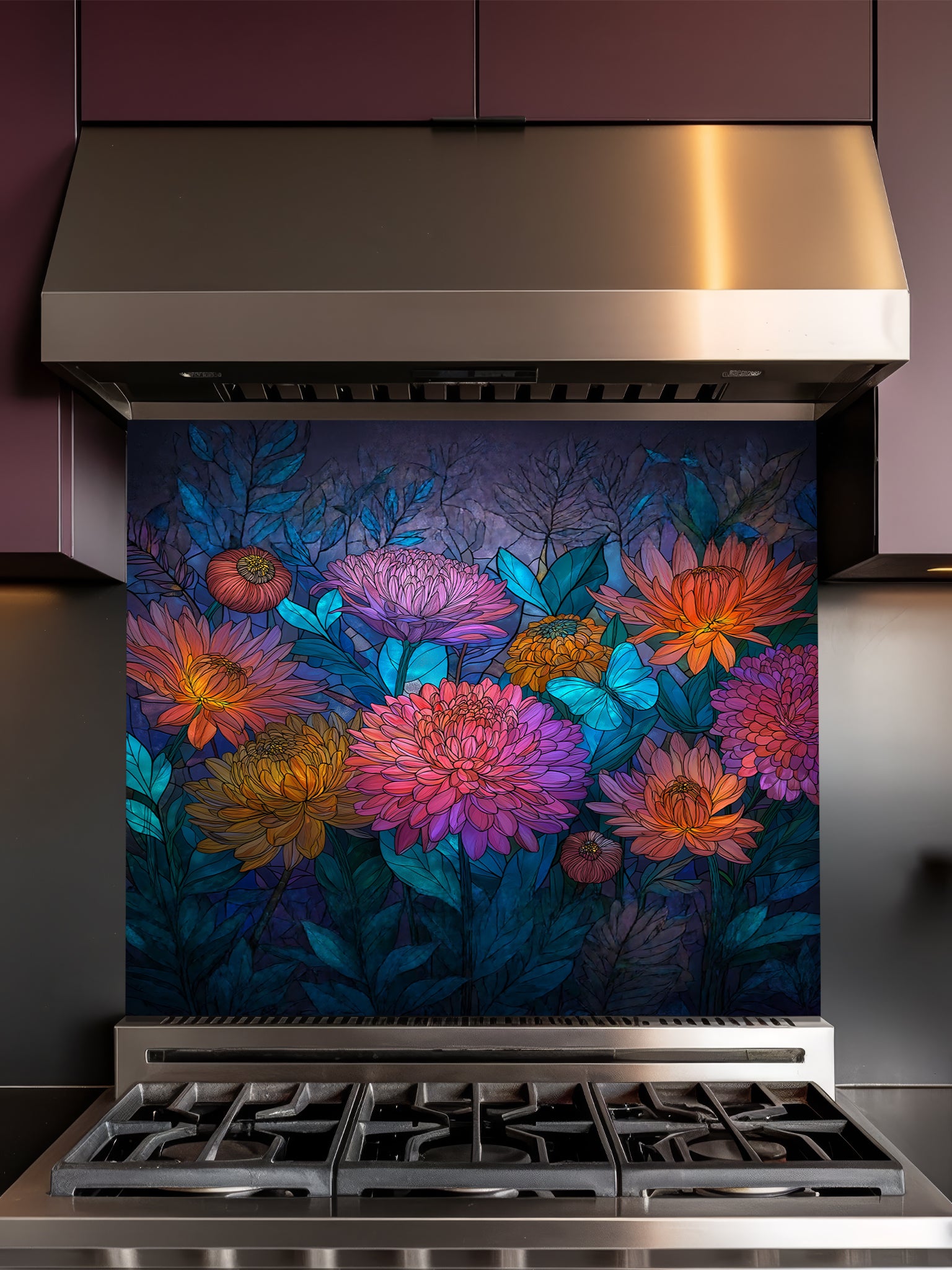 Stained glass style vibrant pink and orange dahlia flowers with a bright blue butterfly, UV printed on a smooth tempered glass kitchen backsplash, installed behind a modern stove.