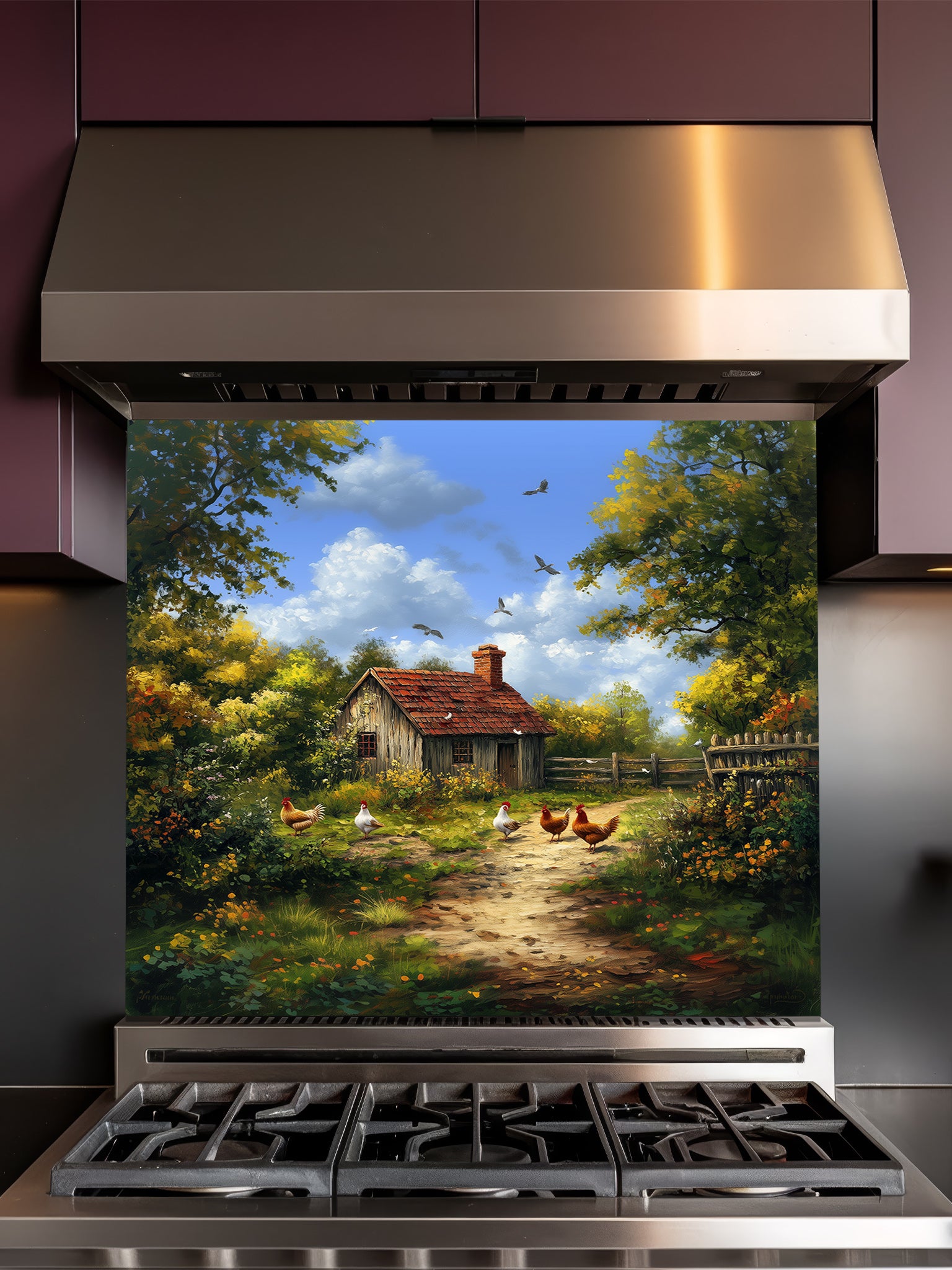 Tempered glass kitchen backsplash featuring a highly realistic illusion of a vintage oil painting showing a rustic farmhouse, lush green trees, and chickens on a dirt path under a blue sky, installed behind a modern stainless steel stove.