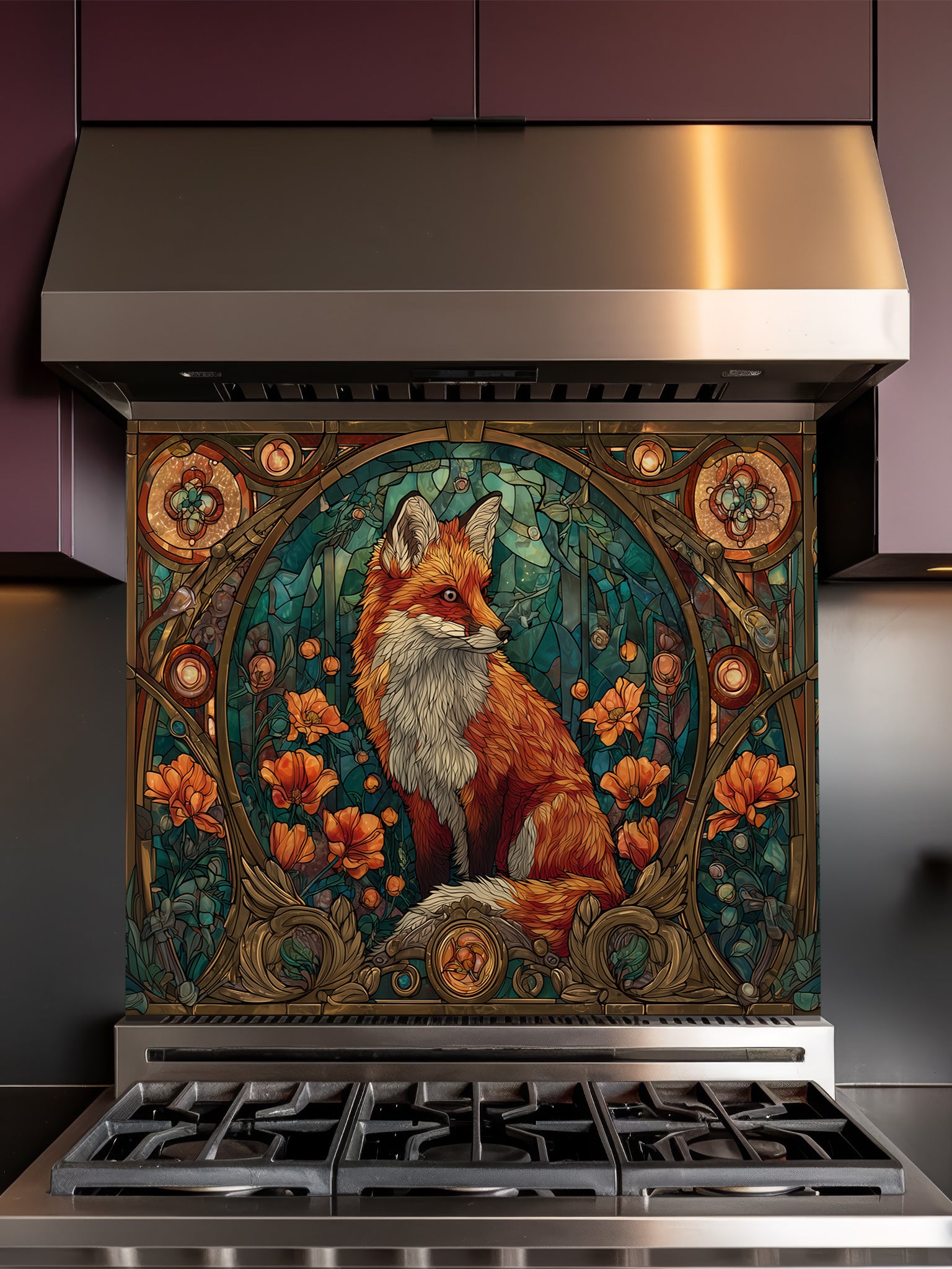 Tempered glass kitchen backsplash featuring a highly realistic 3D illusion of Art Nouveau stained glass showing a red fox surrounded by orange flowers and ornate borders against a teal background, installed behind a modern stainless steel stove.