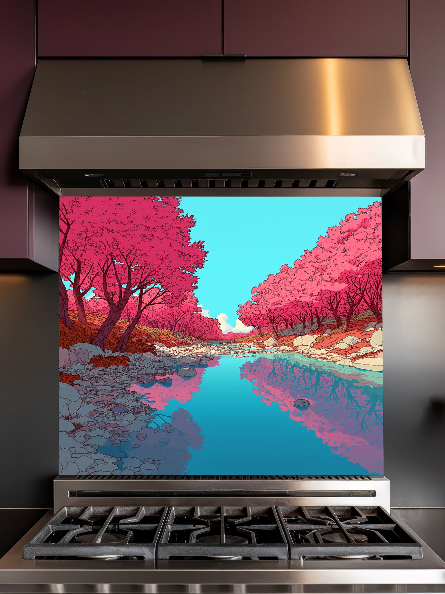 Anime style vibrant pink cherry blossom trees reflecting in a peaceful blue river, UV printed on a smooth tempered glass kitchen backsplash, installed behind a modern stove.