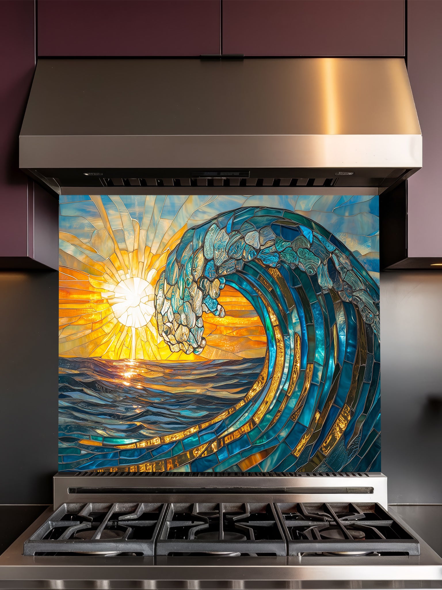 Stainless steel range hood with a decorative glass panel featuring a wave design.