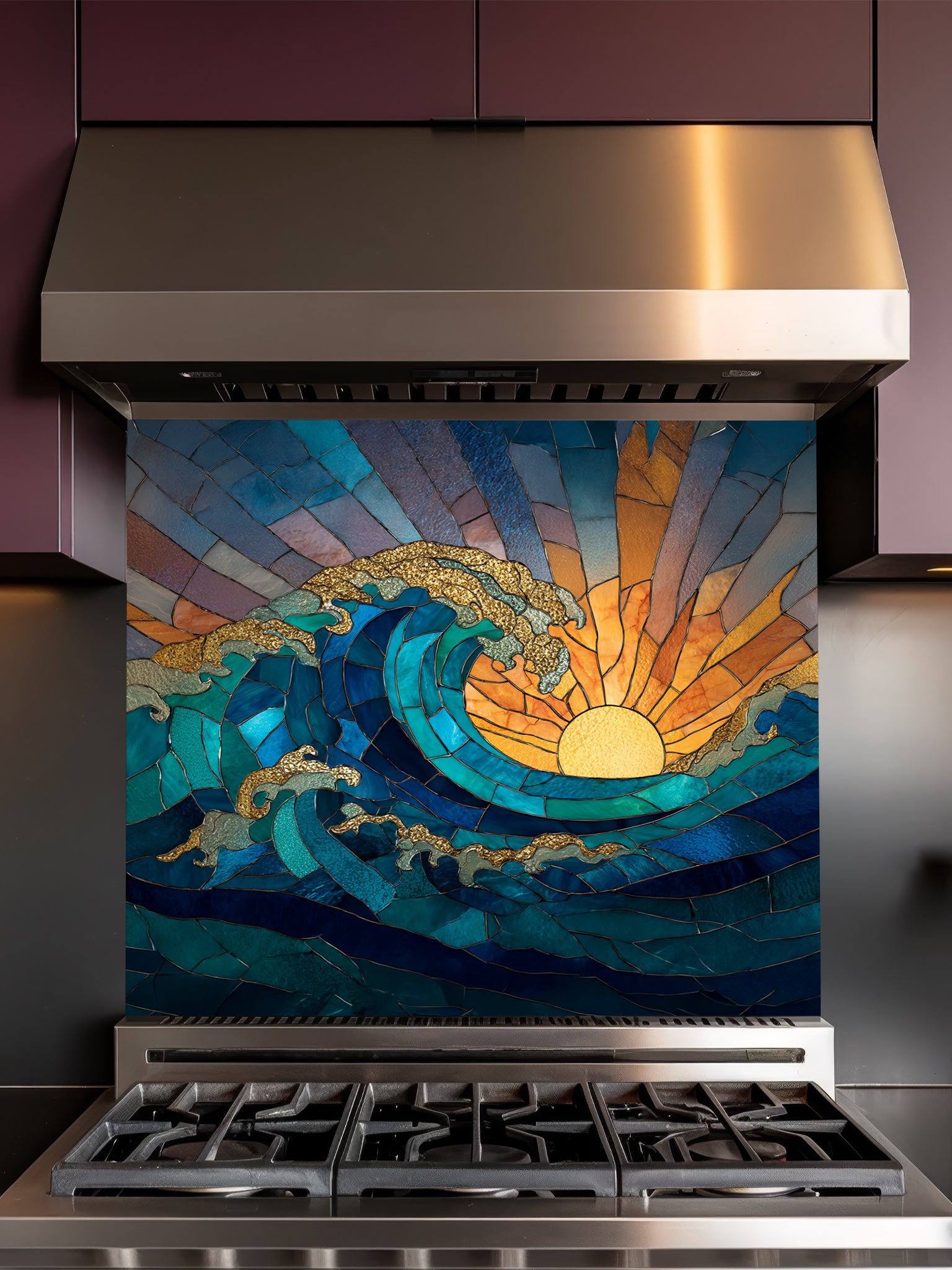 Stained glass style crashing ocean wave and vibrant golden sunrise, UV printed on a smooth tempered glass kitchen backsplash, installed behind a modern stove.