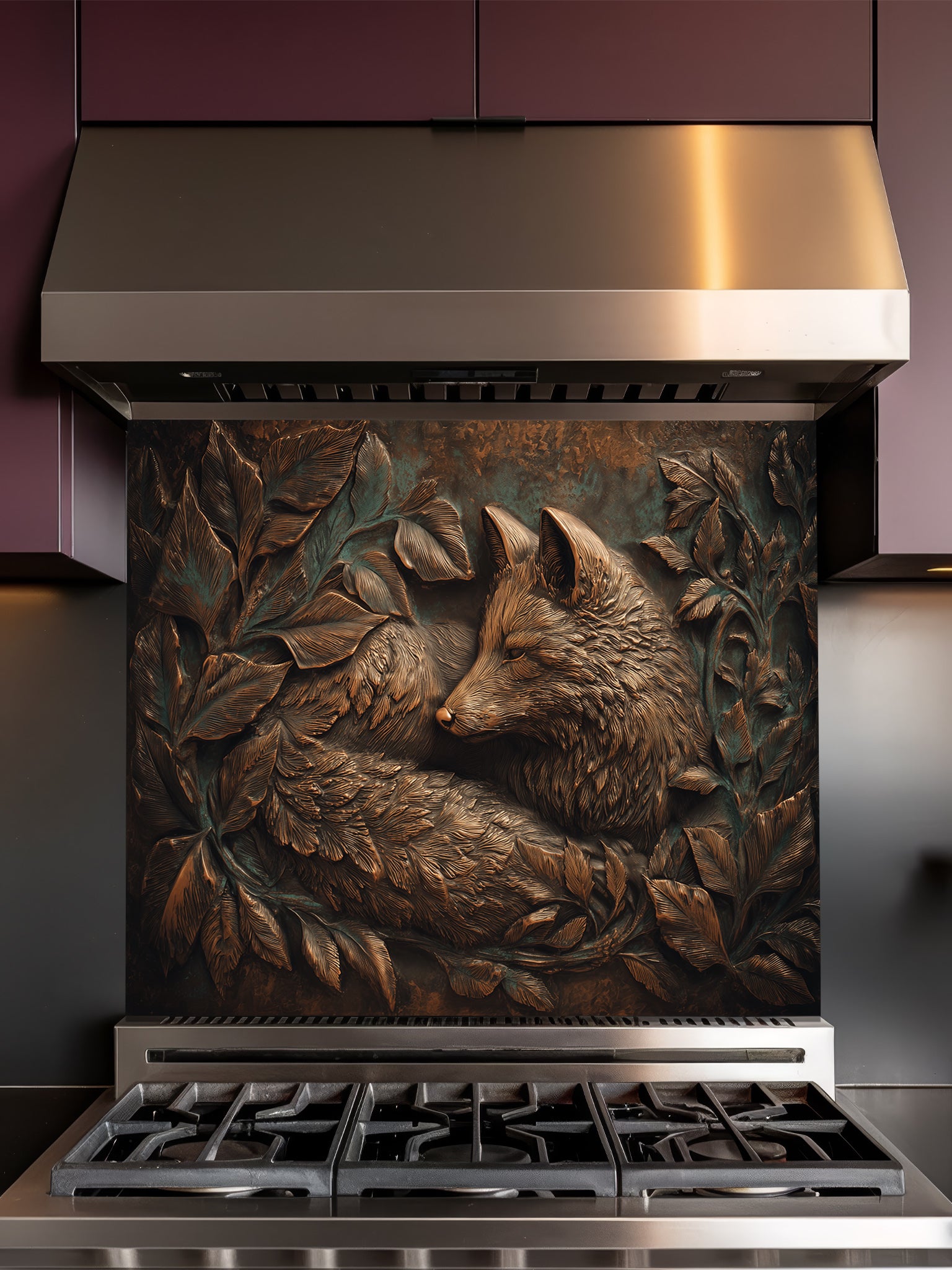 A sleek kitchen featuring a tempered glass backsplash with a highly realistic 3D illusion of an antique copper embossed fox resting among leaves, installed behind a modern stainless steel stove.