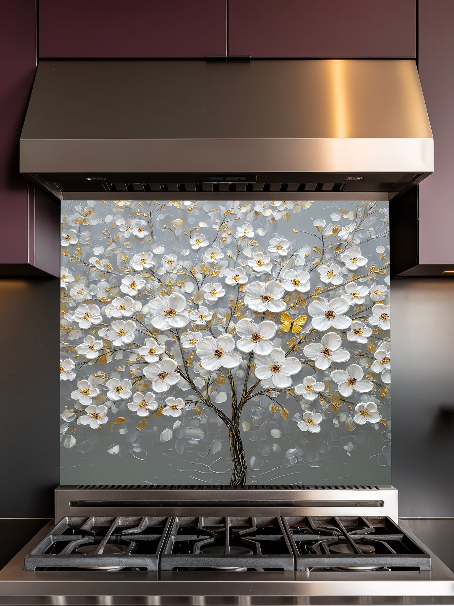 "Faux 3D impasto style painting of a white floral tree with golden accents and a yellow butterfly on a grey background, UV printed on a smooth tempered glass kitchen backsplash."