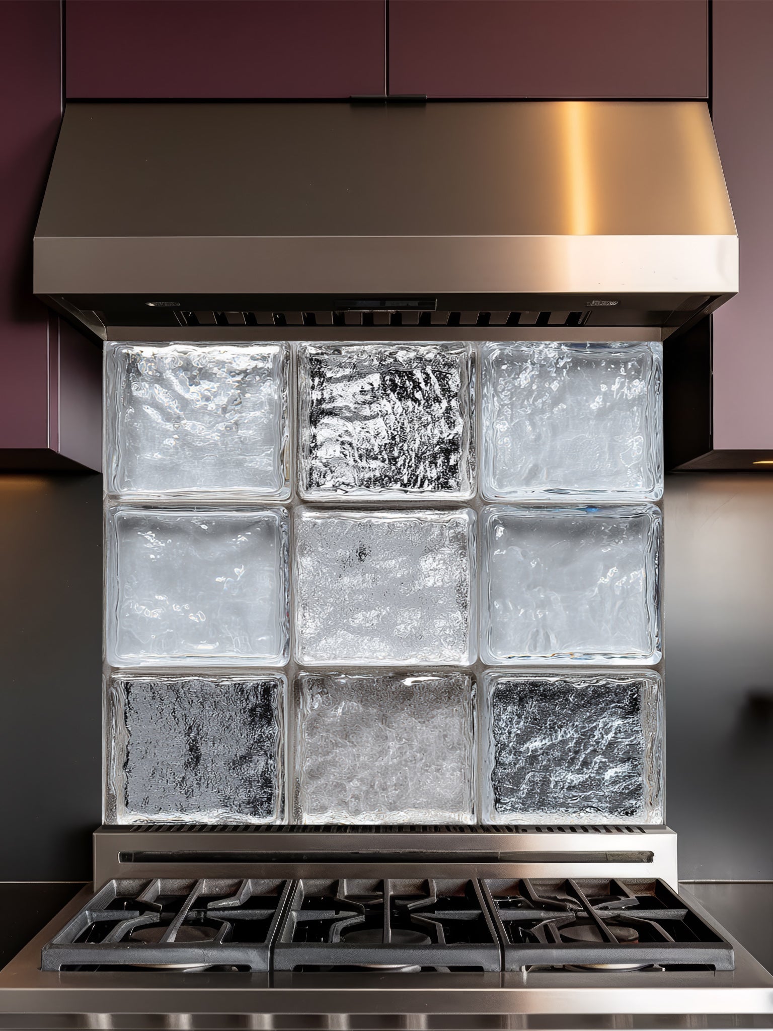 Faux clear glass block and ice texture 3D effect UV printed on a smooth tempered glass kitchen backsplash, installed behind a modern stove.