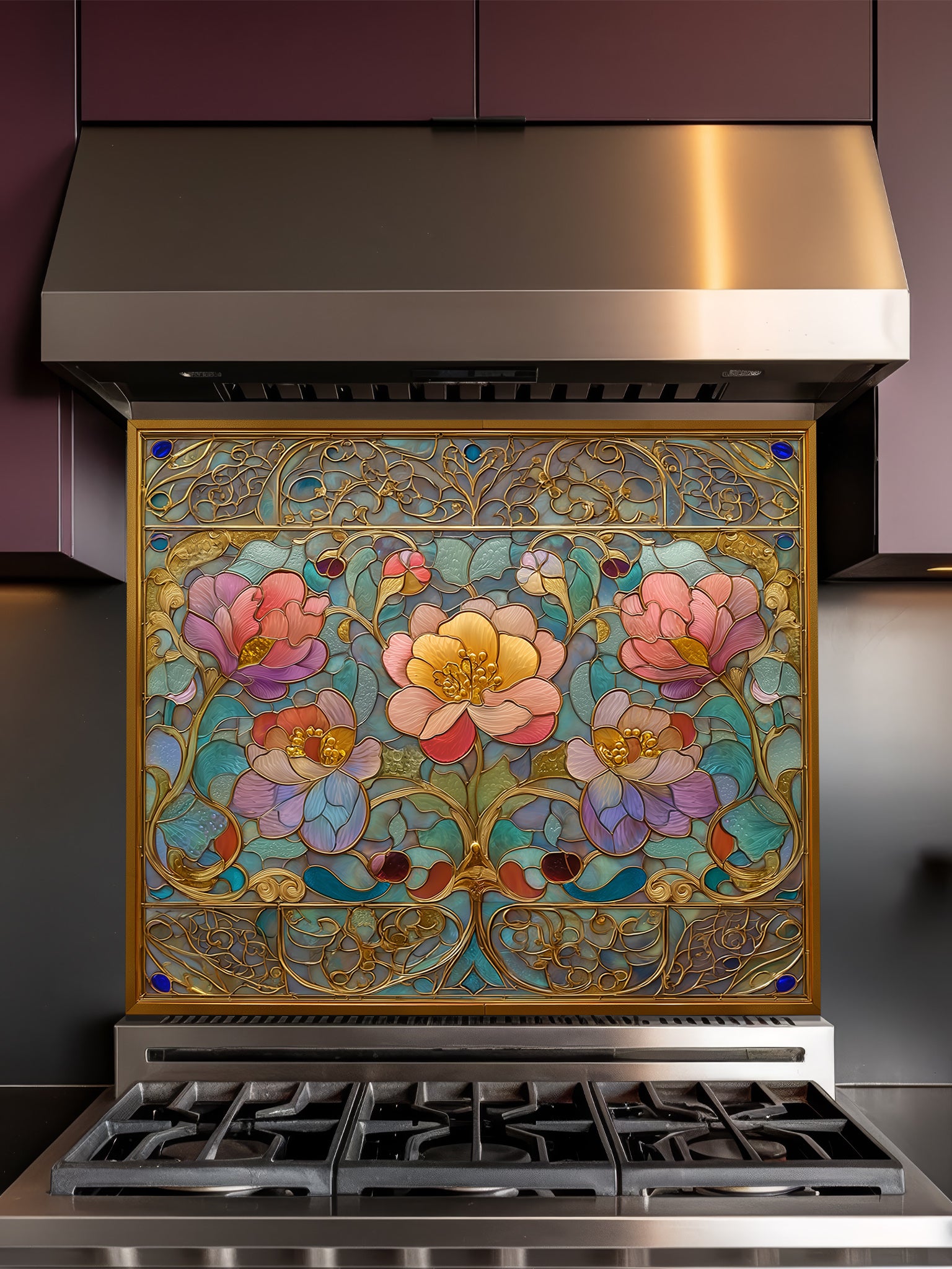 Stained glass style Art Nouveau floral pattern with pink and gold flowers inside an ornate faux-gold frame, UV printed on a smooth tempered glass kitchen backsplash, installed behind a modern stove.