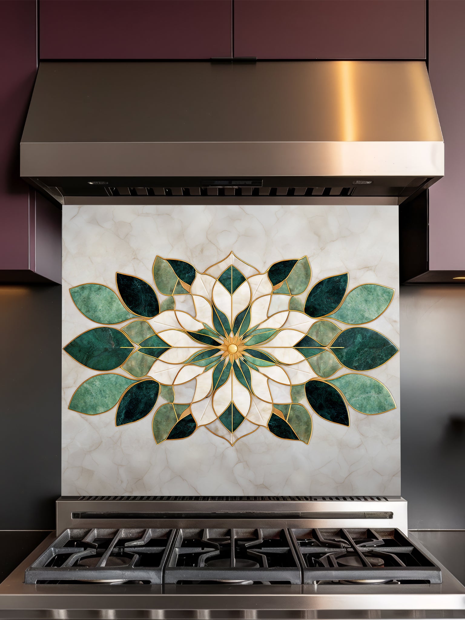Tempered glass kitchen backsplash featuring a highly realistic 3D illusion of luxurious marble inlay art, showcasing a symmetrical geometric floral mandala or lotus pattern in emerald green and creamy white marble textures with faux gold metallic outlines, installed behind a modern black stove.