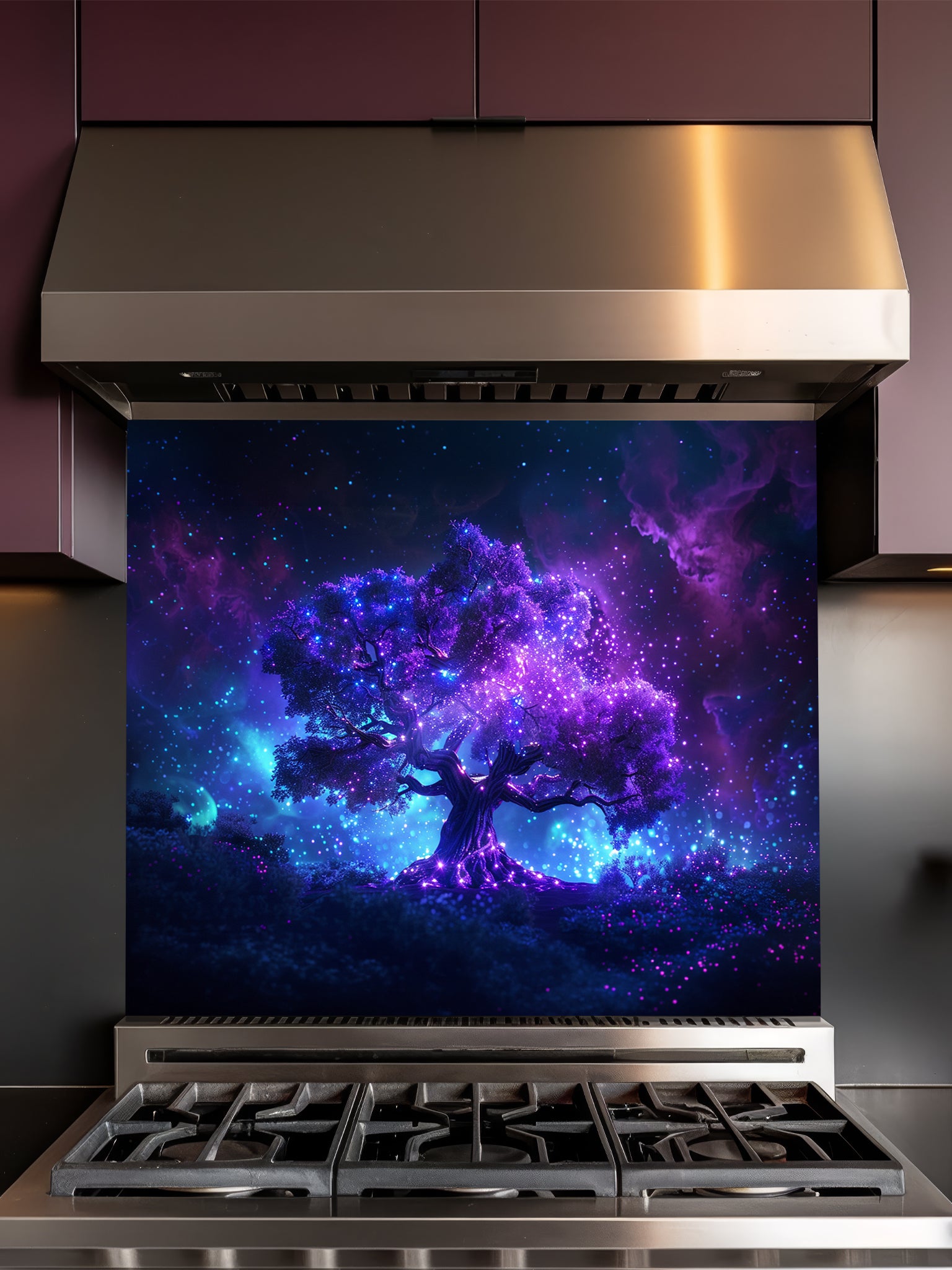 Glowing purple and blue cosmic tree of life against a starry nebula galaxy background, UV printed on a smooth tempered glass kitchen backsplash.