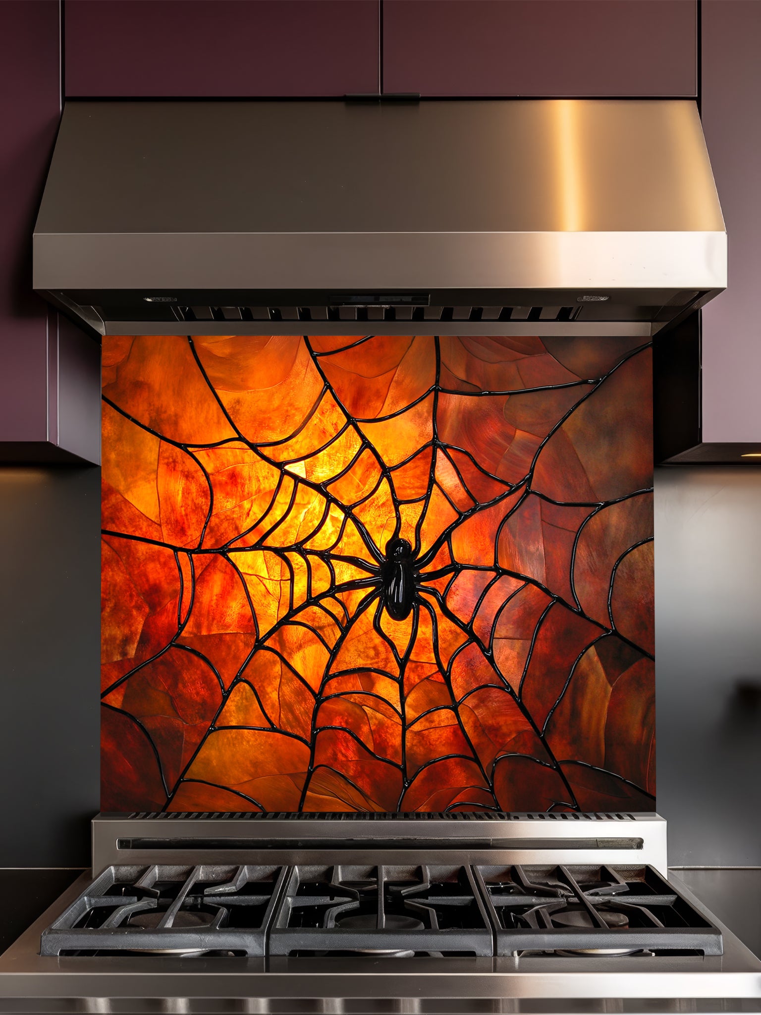 Tempered glass kitchen backsplash featuring a highly realistic 3D illusion of stained glass art showing a black spider in the center of a glowing amber and orange spider web, installed behind a modern black stove.