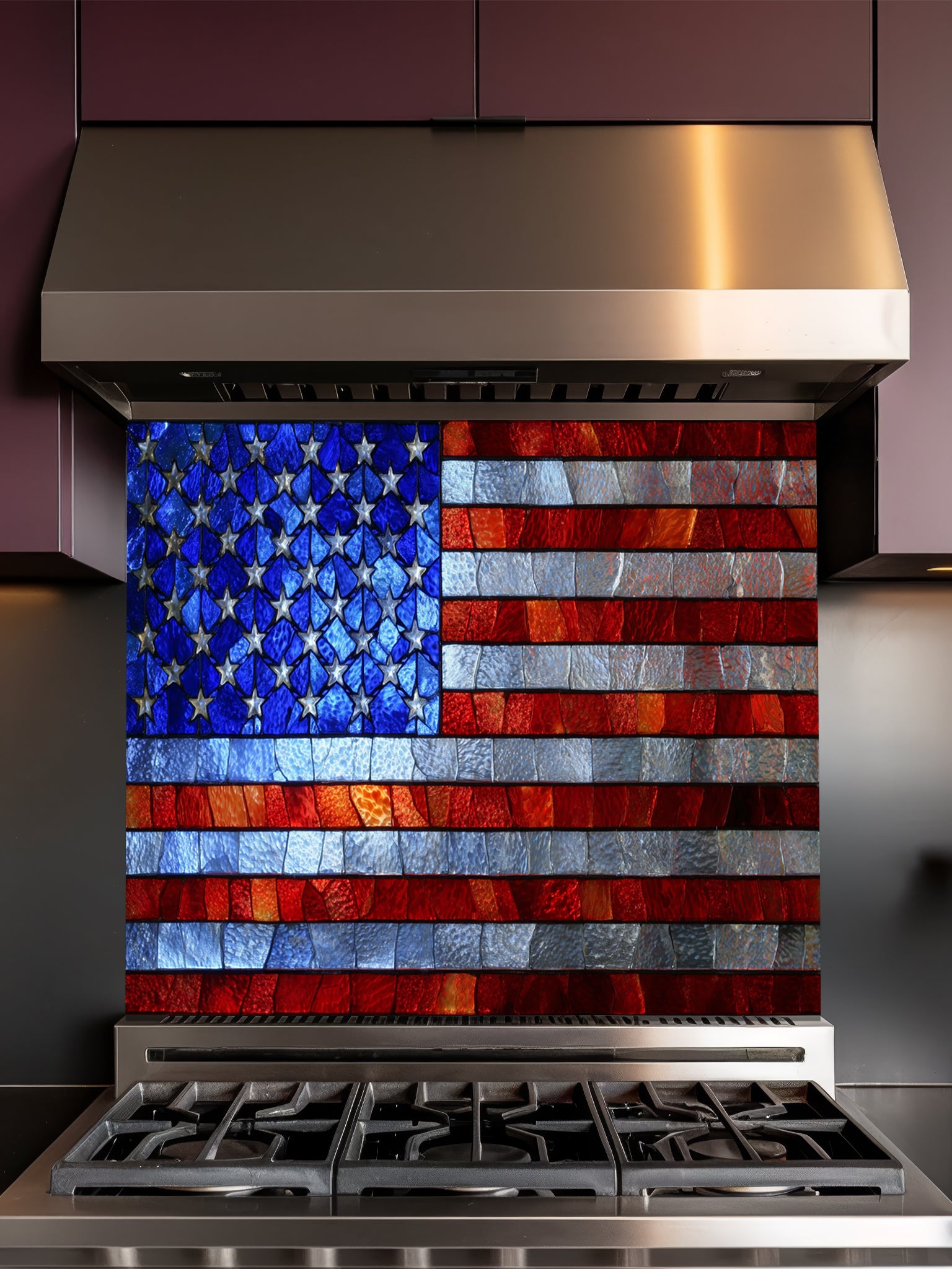 Faux stained glass pattern featuring the American flag with vibrant red, white, and blue textured pieces, UV printed on a smooth tempered glass kitchen backsplash.