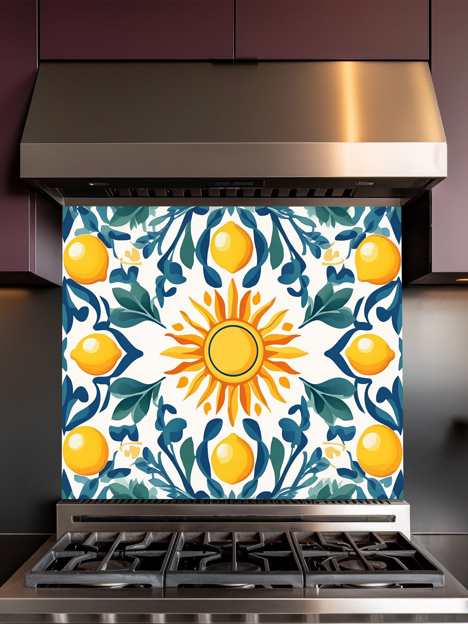 Vibrant Mediterranean Majolica style tile pattern featuring a central sun, yellow lemons, and teal leaves, UV printed on a smooth tempered glass kitchen backsplash.