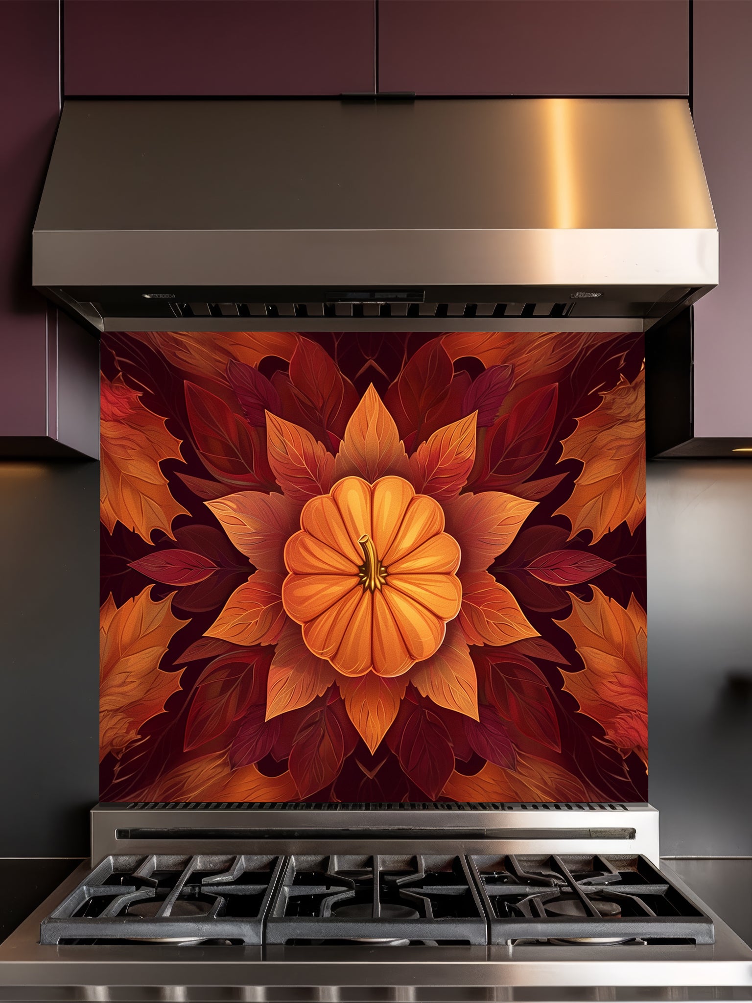 Faux 3D effect symmetrical pumpkin mandala surrounded by rich orange and burgundy autumn leaves, UV printed on a smooth tempered glass kitchen backsplash.