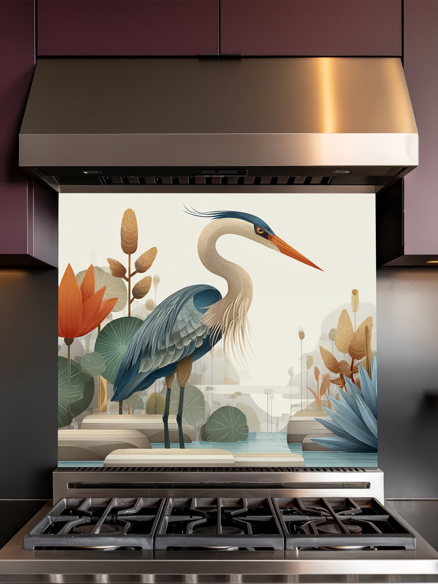 Tempered glass kitchen backsplash featuring a crisp, modern minimalist flat illustration of a grey heron standing among geometric teal lotus leaves, smooth river stones, and tall orange architectural flowers against a smooth cream background, installed behind a modern black stove.