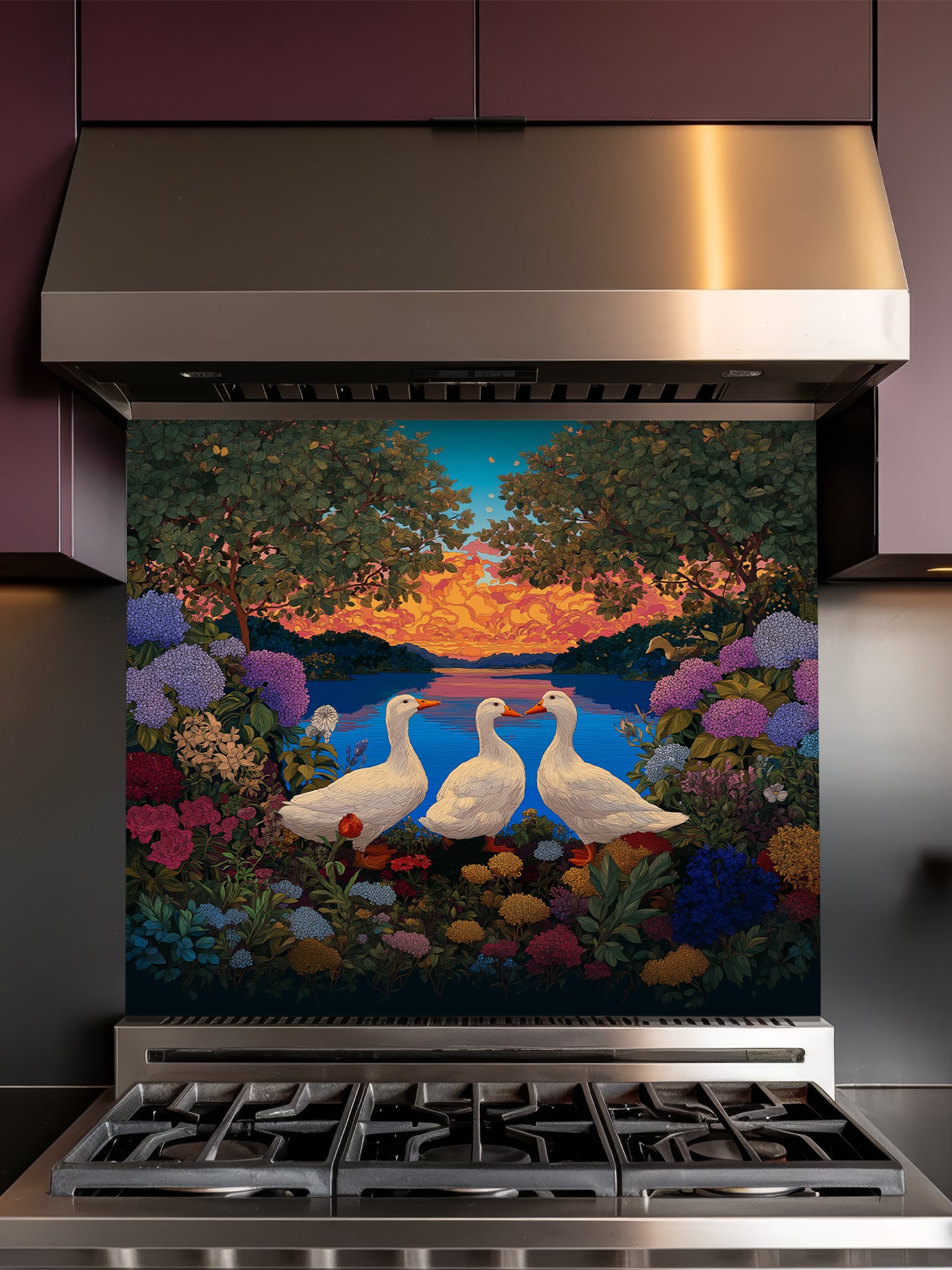 Vintage style illustration of three white ducks by a calm lake at sunset, framed by lush hydrangeas and wildflowers, UV printed on a smooth tempered glass kitchen backsplash.