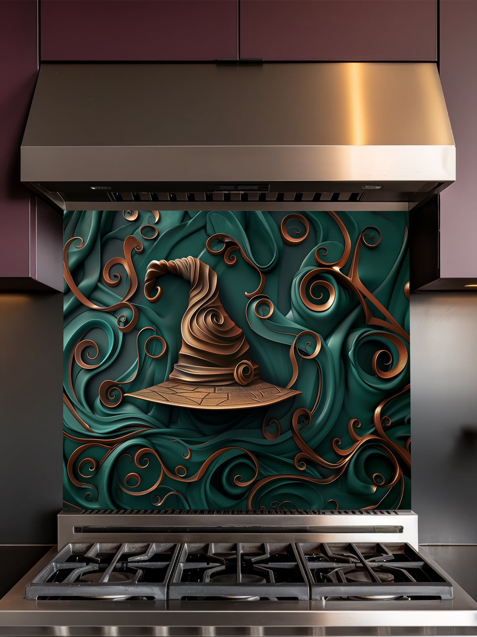 Tempered glass kitchen backsplash featuring a highly realistic 3D illusion of a sculpted, crooked bronze witch hat surrounded by heavy, flowing emerald green and copper ribbon-like swirls, installed behind a modern black stove.
