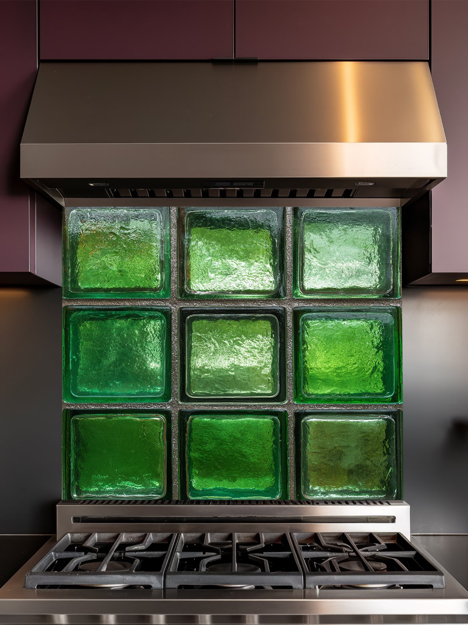 Faux green glass block 3D effect UV printed on a smooth tempered glass kitchen backsplash, installed behind a modern stove.