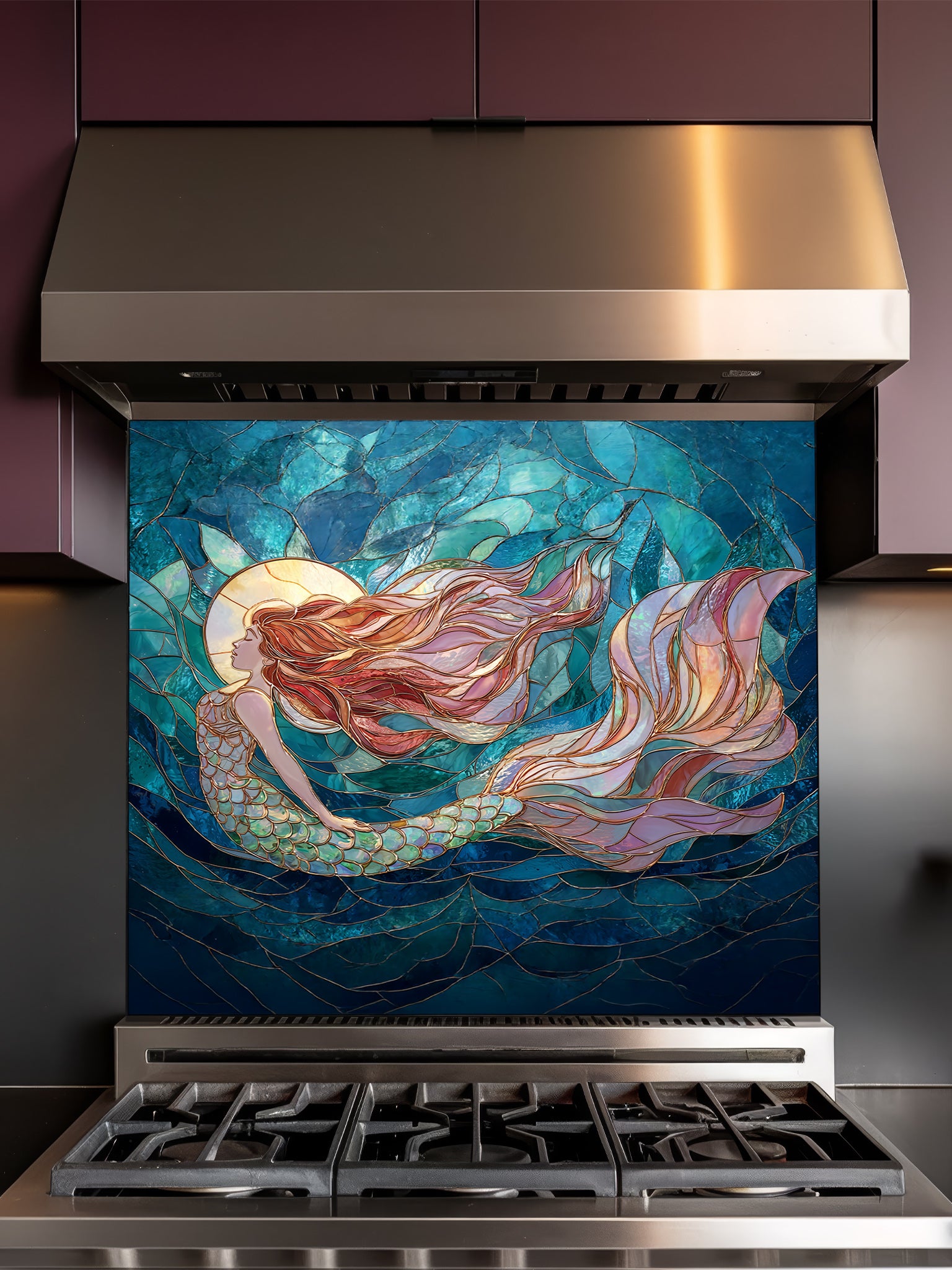 Tempered glass kitchen backsplash featuring a highly realistic 3D illusion of stained glass art showing an elegant mermaid with flowing hair swimming through dynamic ocean waves in deep blues and turquoise, installed behind a modern stainless steel stove.