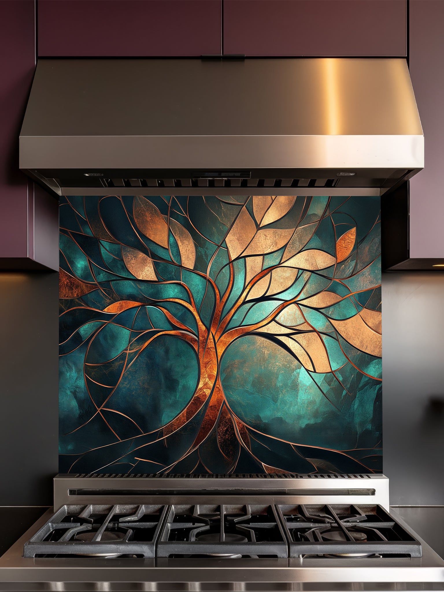 Tempered glass kitchen backsplash featuring a highly realistic 3D illusion of a stained glass and metallic Tree of Life with glowing gold, bronze, and copper branches against a rich teal and emerald background, installed behind a modern black stove.