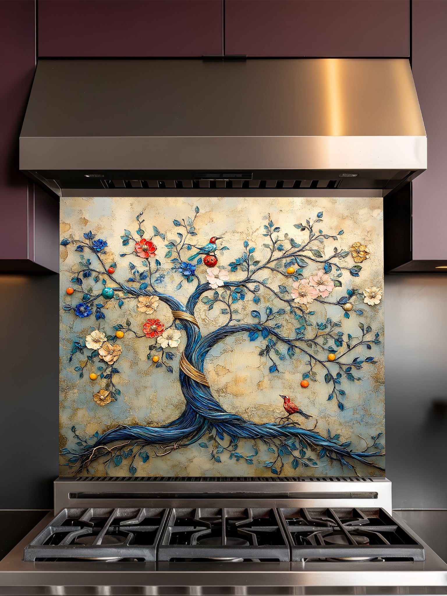 Tempered glass kitchen backsplash featuring a highly realistic 3D illusion of an embossed bas-relief sculpture showing an enchanted tree with a twisting blue trunk, colorful blooming flowers, and perched birds against a textured vintage golden-beige background, installed behind a modern black stove.