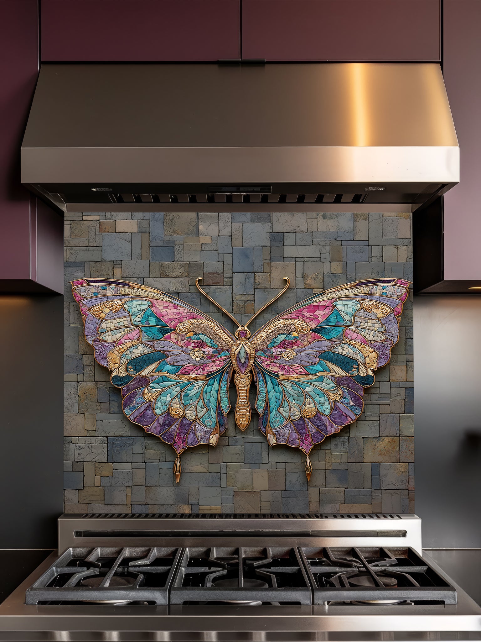 Tempered glass kitchen backsplash featuring a highly realistic 3D illusion of mixed-media art, showing a vibrant mosaic butterfly in jewel tones of teal, purple, and gold resting against a rugged, textured dark grey slate stone brick background, installed behind a modern black stove.