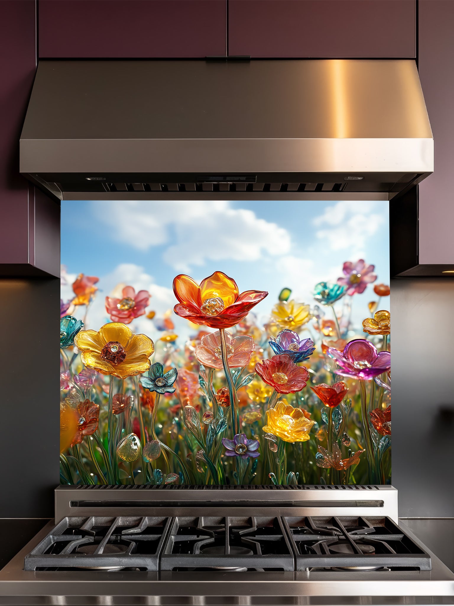 Tempered glass kitchen backsplash featuring a highly realistic 3D illusion of delicate blown glass wildflowers in vibrant translucent jewel tones against a bright blue sky, installed behind a modern stainless steel stove.