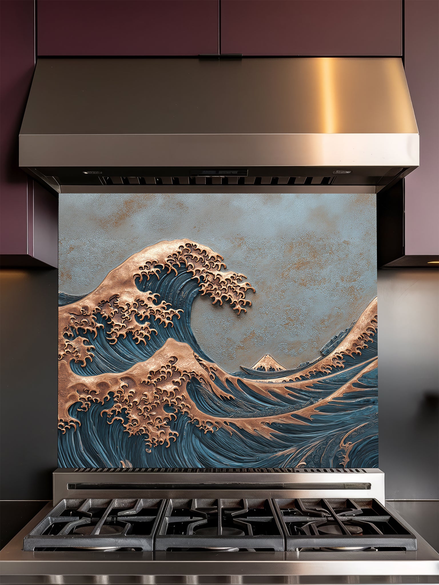 Tempered glass kitchen backsplash featuring a highly realistic 3D faux metal relief design of the Great Wave off Kanagawa, showcasing a striking contrast between deep blue water textures and embossed copper wave crests, installed behind a modern stainless steel stove.