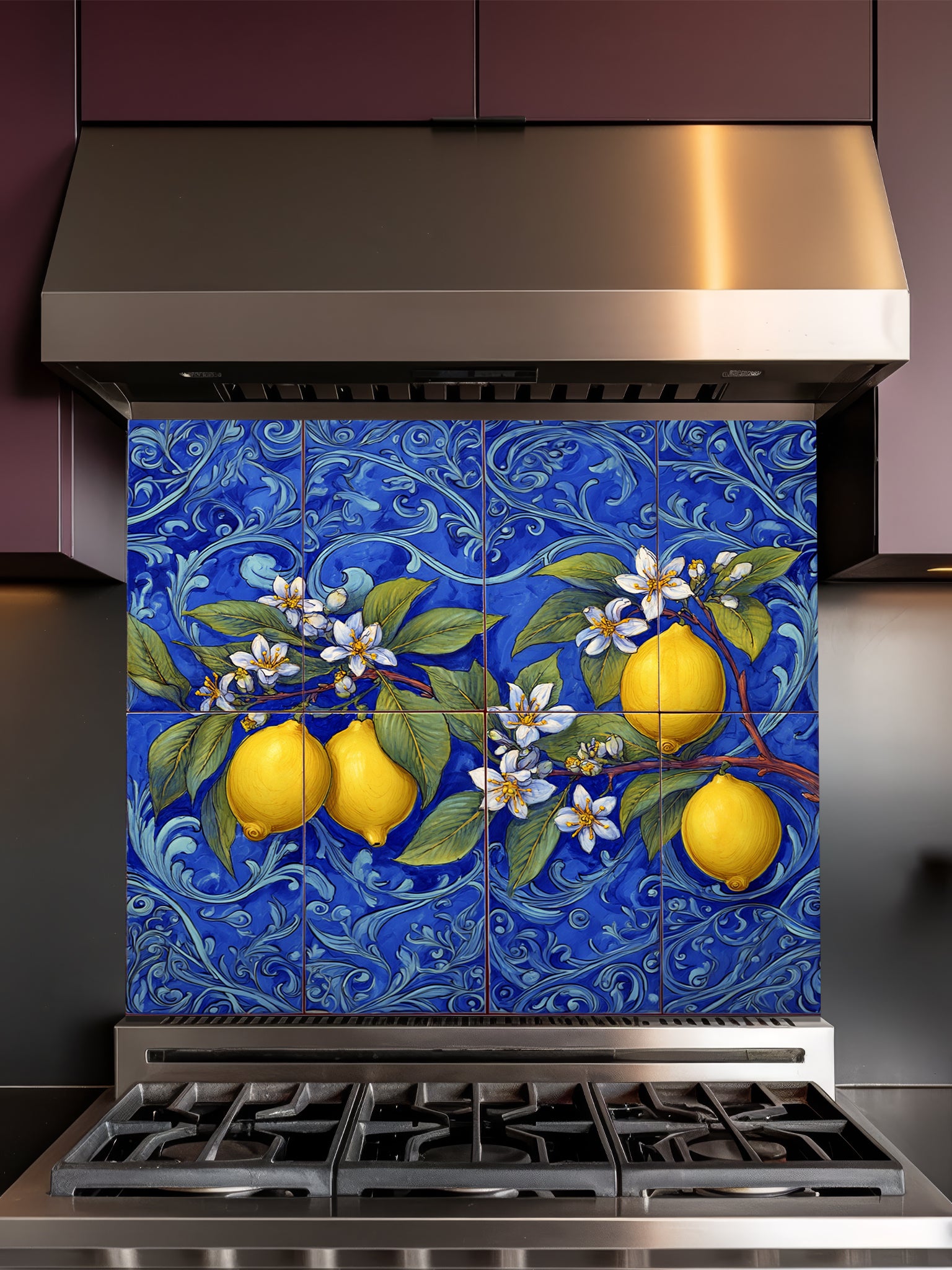Tempered glass kitchen backsplash featuring a highly realistic illusion of traditional hand-painted Italian Majolica ceramic tiles, showcasing bright yellow lemons, white blossoms, and green leaves against a deep royal blue background with elegant scrollwork, installed behind a modern black stove.