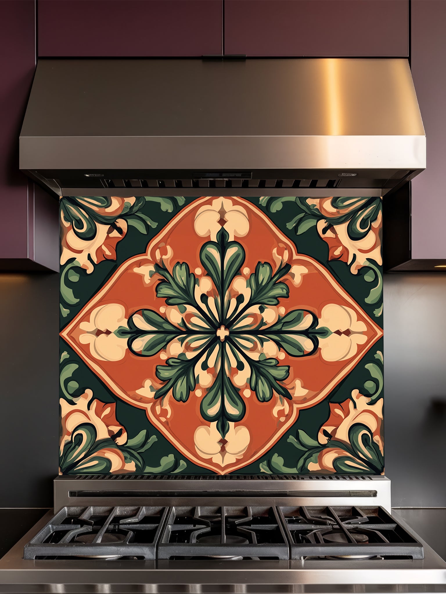 Large vintage style Spanish floral medallion tile mural in terracotta, olive green, and cream, UV printed on a smooth tempered glass kitchen backsplash.