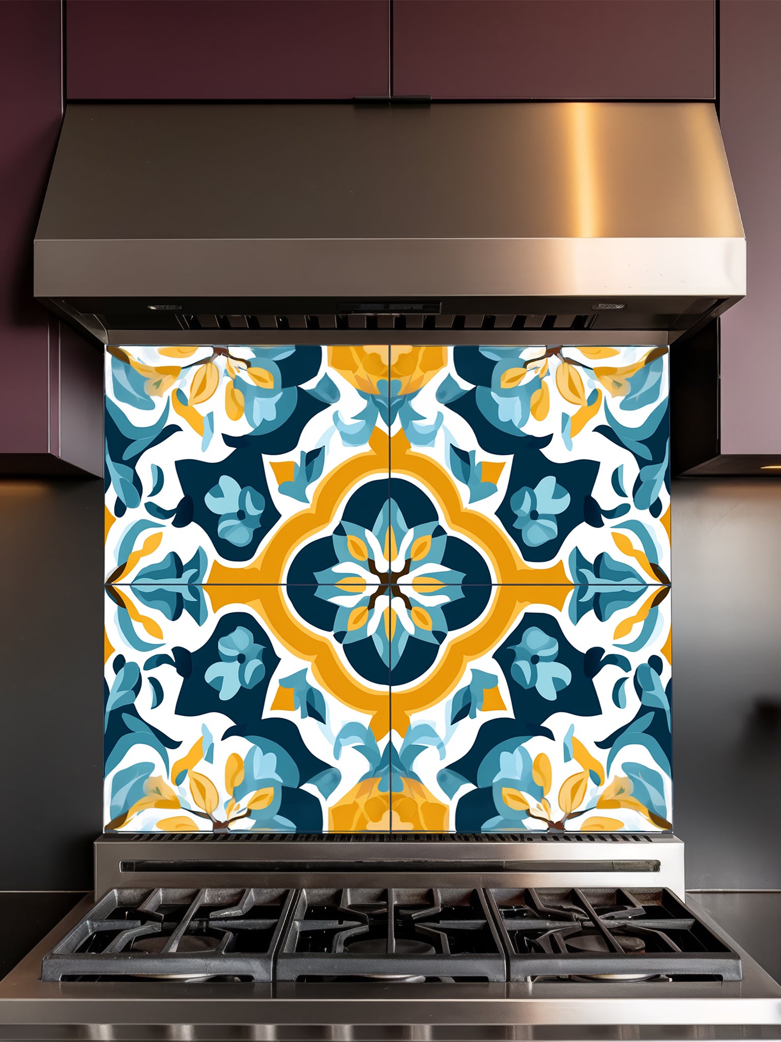 Tempered glass kitchen backsplash featuring a highly realistic illusion of traditional Mediterranean or Portuguese Azulejo tiles, showcasing a bold geometric floral pattern in vibrant teal, yellow, and navy blue on a crisp white background, installed behind a modern black stove.