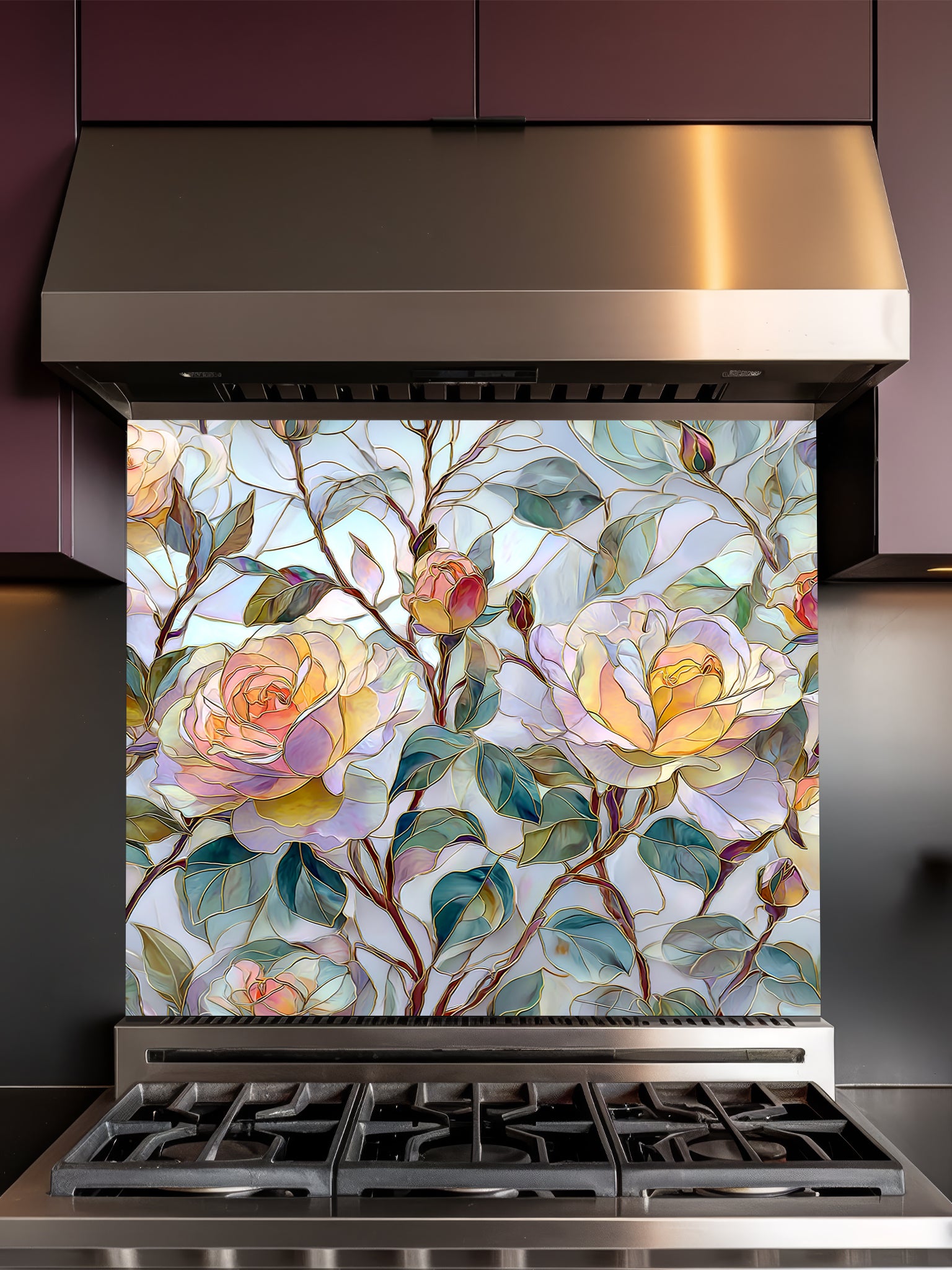 Tempered glass kitchen backsplash featuring a highly realistic 3D illusion of stained glass and watercolor art showing large, delicate blooming roses in pastel yellow, peach, and blush pink with teal green leaves, installed behind a modern black stove.