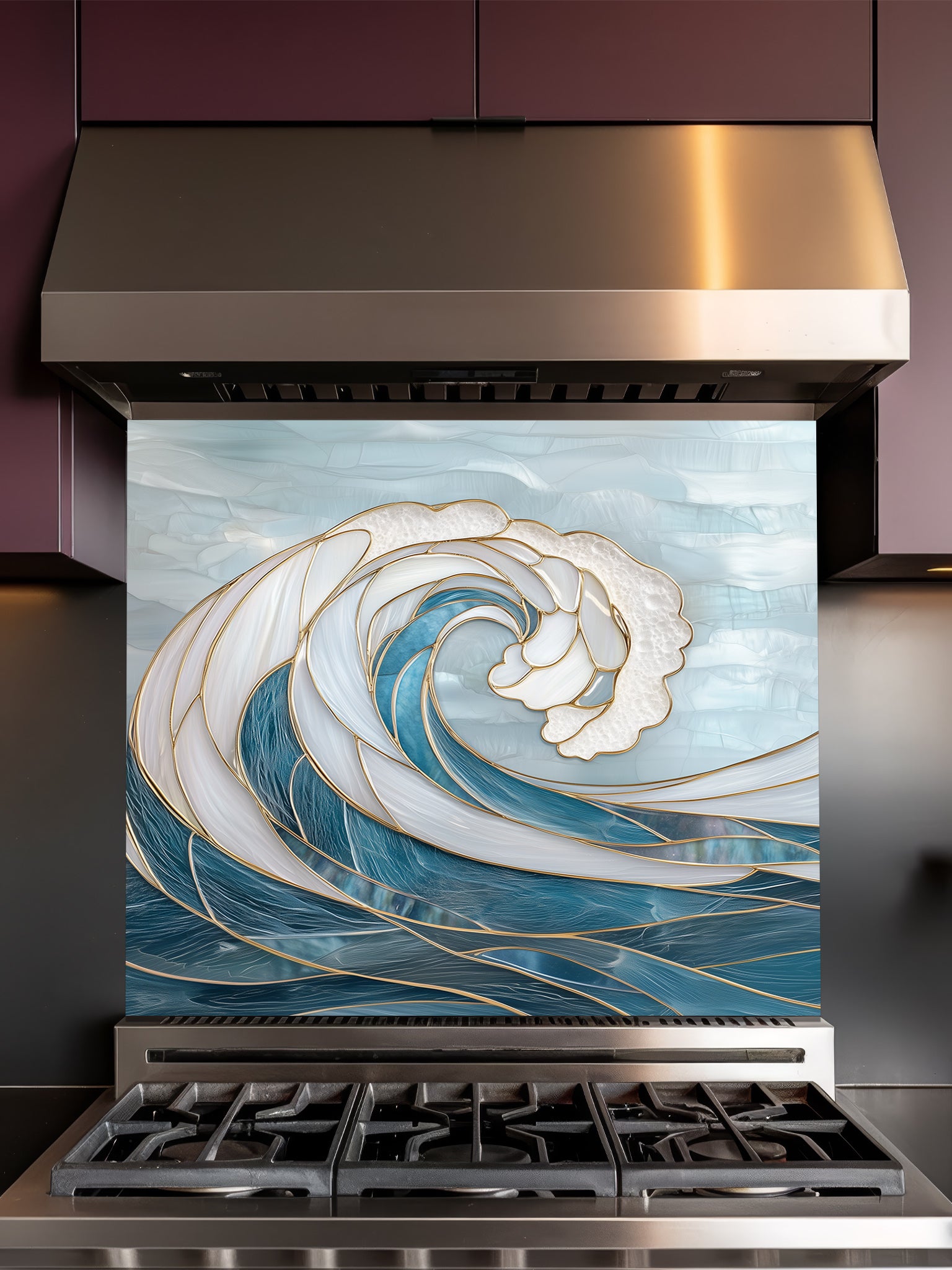 Stainless steel range hood with decorative glass panel featuring a wave design.