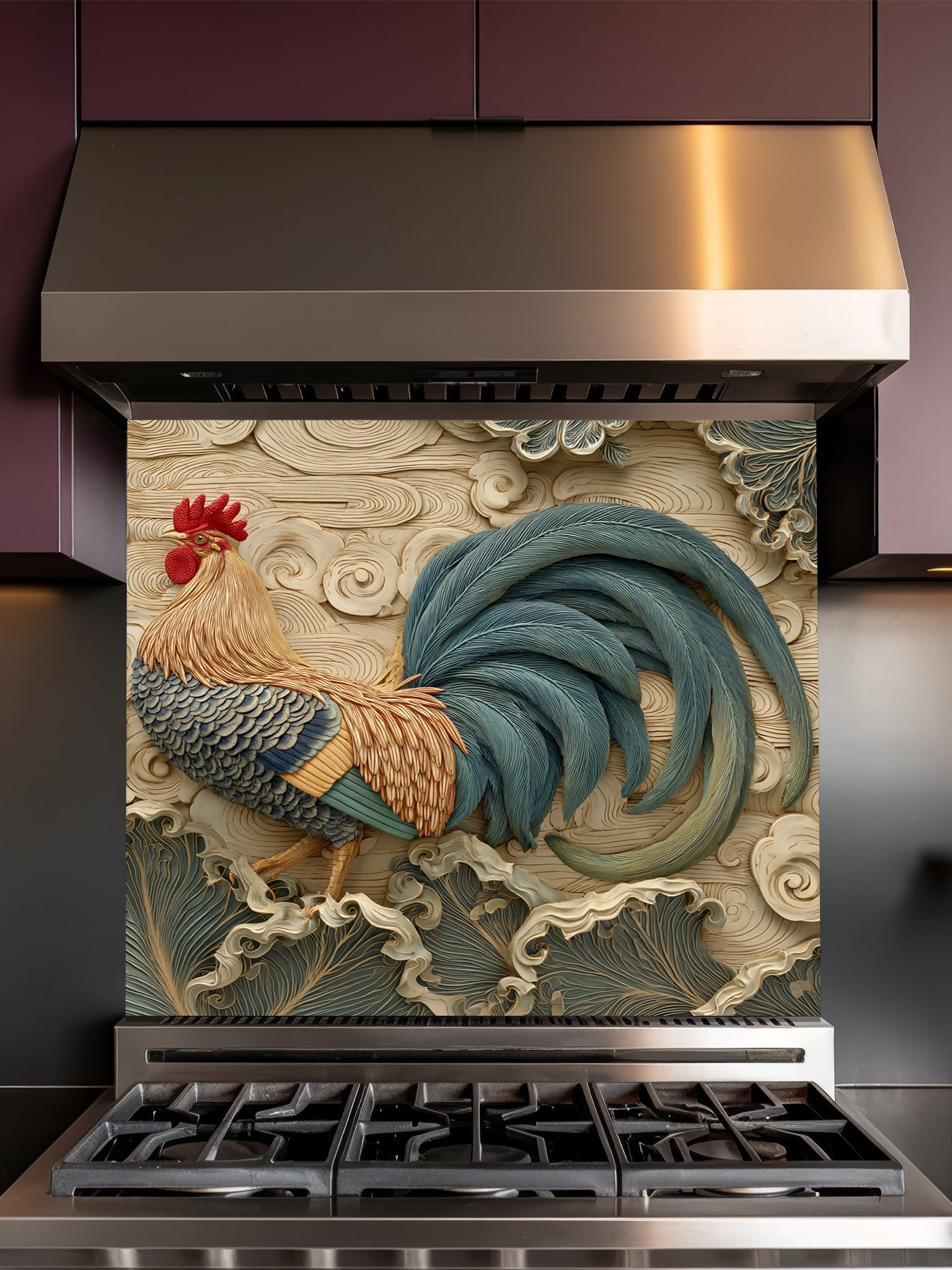 Tempered glass kitchen backsplash featuring a highly realistic 3D illusion of an intricately carved bas-relief sculpture showing a proud rooster with teal and amber feathers against a dynamic background of flowing, stylized swirling clouds and wind motifs in warm cream tones, installed behind a modern black stove.