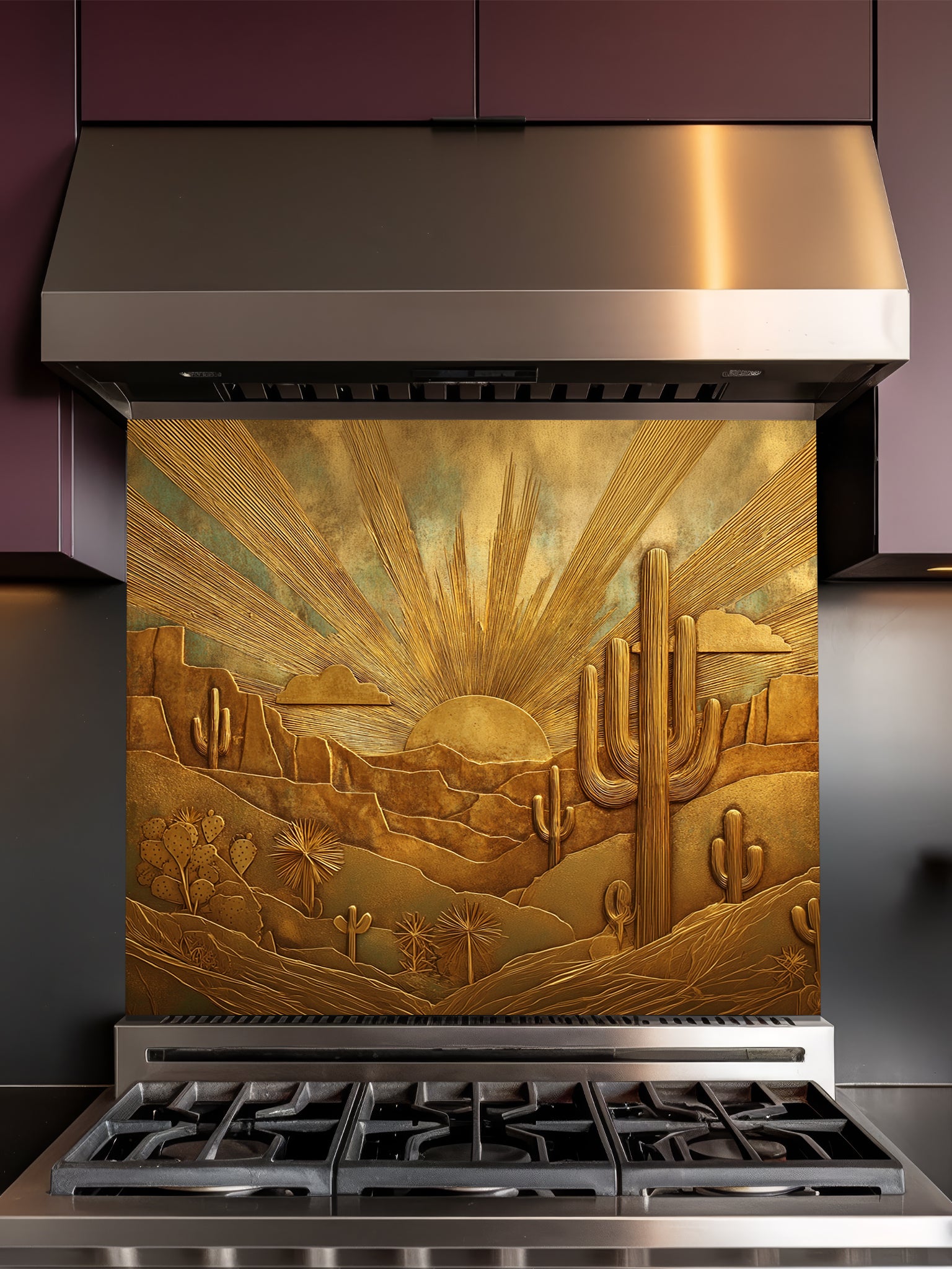 Faux 3D sculpted bronze and brass relief of a desert landscape with saguaro cacti and a radiant sunburst, UV printed on a smooth tempered glass kitchen backsplash.