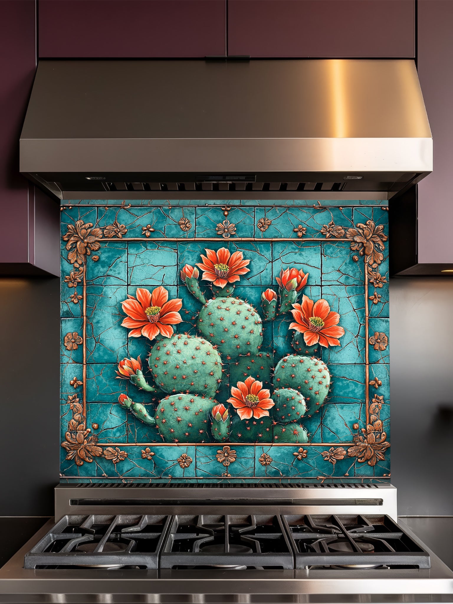 Faux vintage cracked turquoise tile featuring a blooming prickly pear cactus with orange flowers, UV printed on a smooth tempered glass kitchen backsplash, installed behind a modern stove.