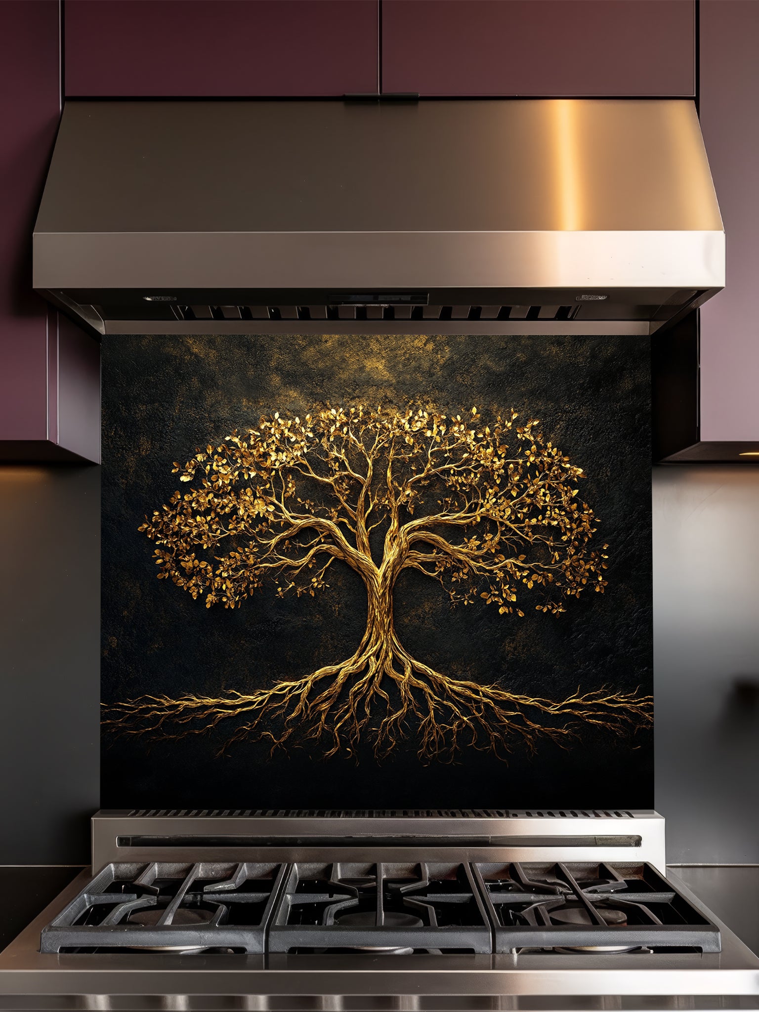Abstract luxury fine art style Tree of Life featuring faux gold leaf and metallic textures, UV printed on a smooth tempered glass kitchen backsplash.