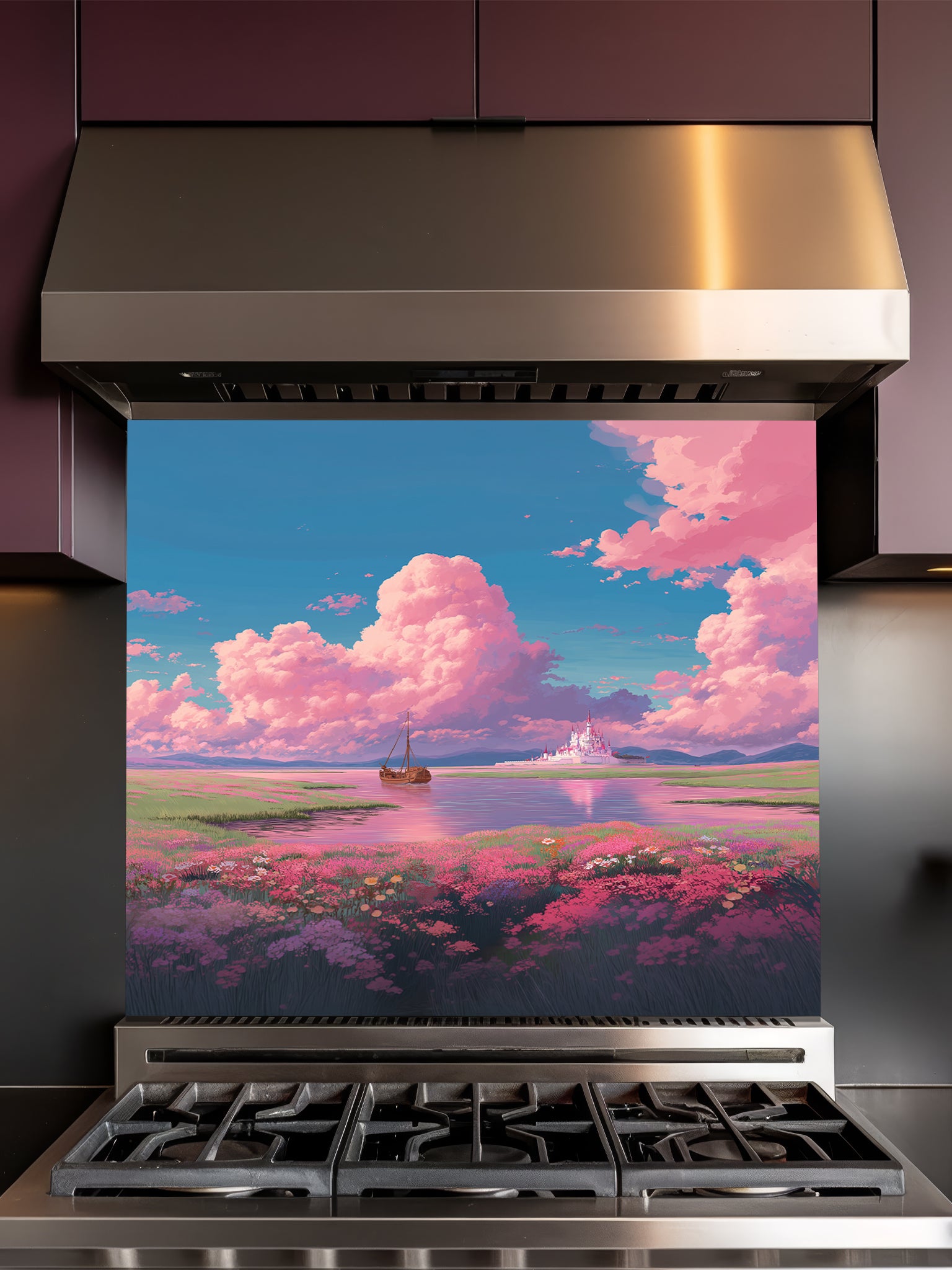 Anime style fantasy landscape with fluffy pastel pink clouds, a sailboat on a calm river, and a distant magical white castle, UV printed on a smooth tempered glass kitchen backsplash.