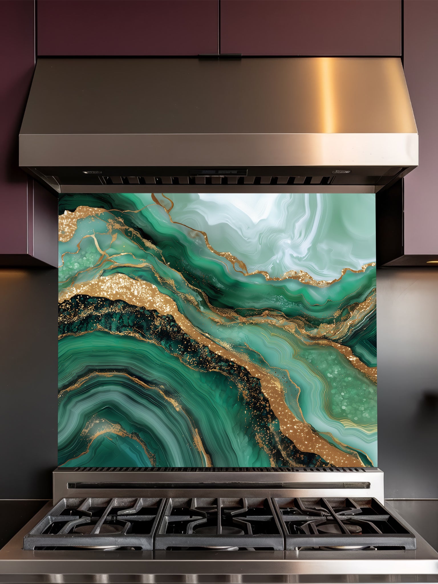 Tempered glass kitchen backsplash featuring a highly realistic illusion of emerald green and gold agate fluid art with faux glitter veins, installed behind a modern stainless steel stove.