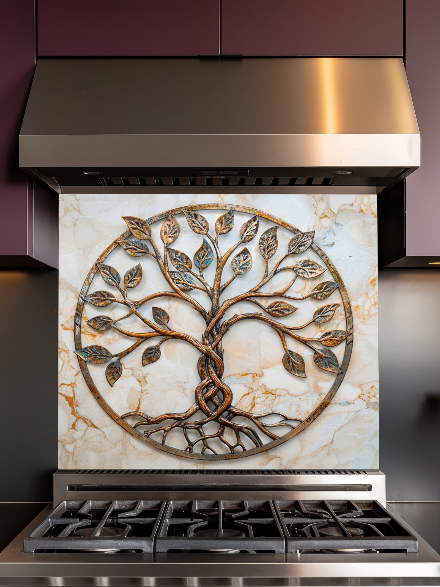 Faux 3D effect weathered rustic bronze and copper Tree of Life sculpture with patina accents on a warm cream marble background, UV printed on a smooth tempered glass kitchen backsplash, installed behind a modern stove.
