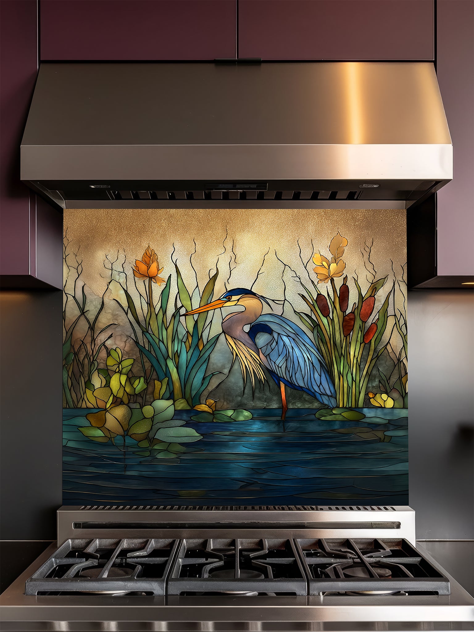 Tempered glass kitchen backsplash featuring a serene faux stained glass design of a majestic blue heron standing in a wetland with cattails and lily pads, installed behind a modern stainless steel stove.