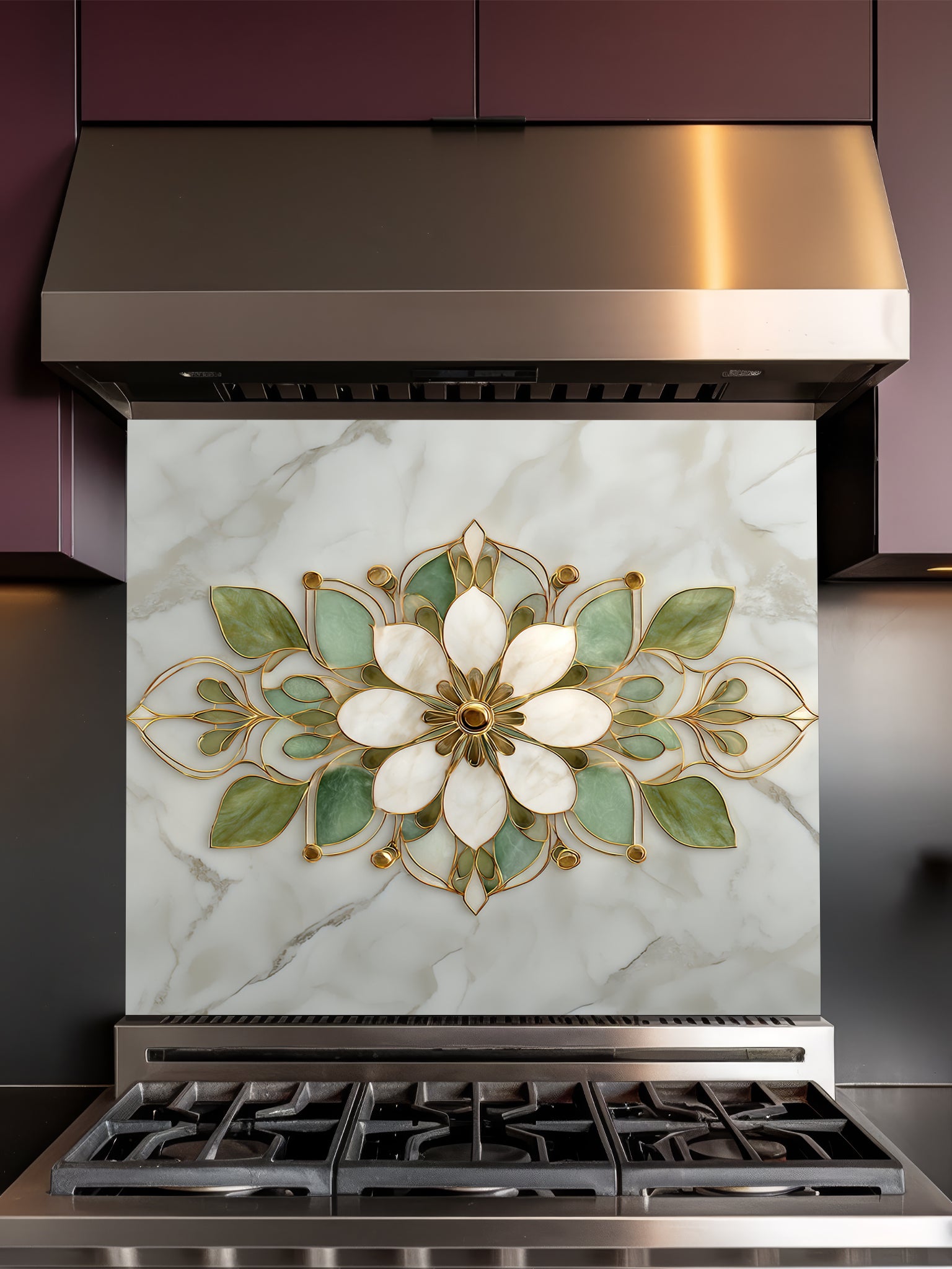 Faux white marble kitchen backsplash featuring an elegant sage green, cream, and gold stained glass lotus mandala pattern, UV printed on smooth tempered glass.