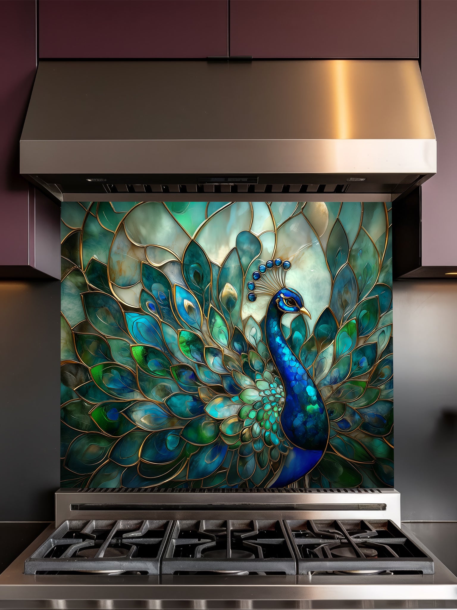 Tempered glass kitchen backsplash featuring a highly realistic 3D illusion of Art Nouveau stained glass showing a magnificent peacock with flowing teal, emerald, and sapphire feathers outlined in gold, installed behind a modern stainless steel stove.