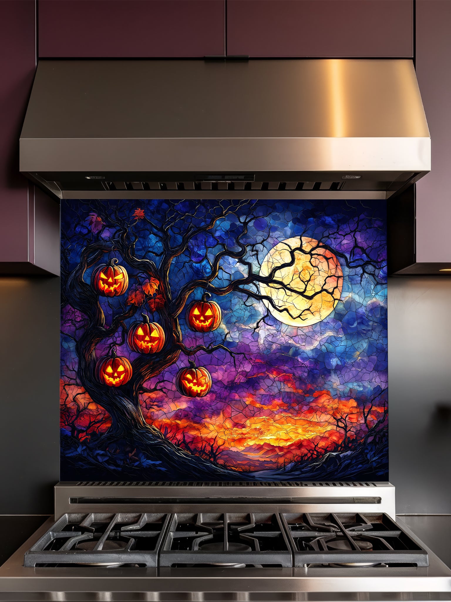 Stylized Halloween scene with pumpkins and a moon on a kitchen backsplash.